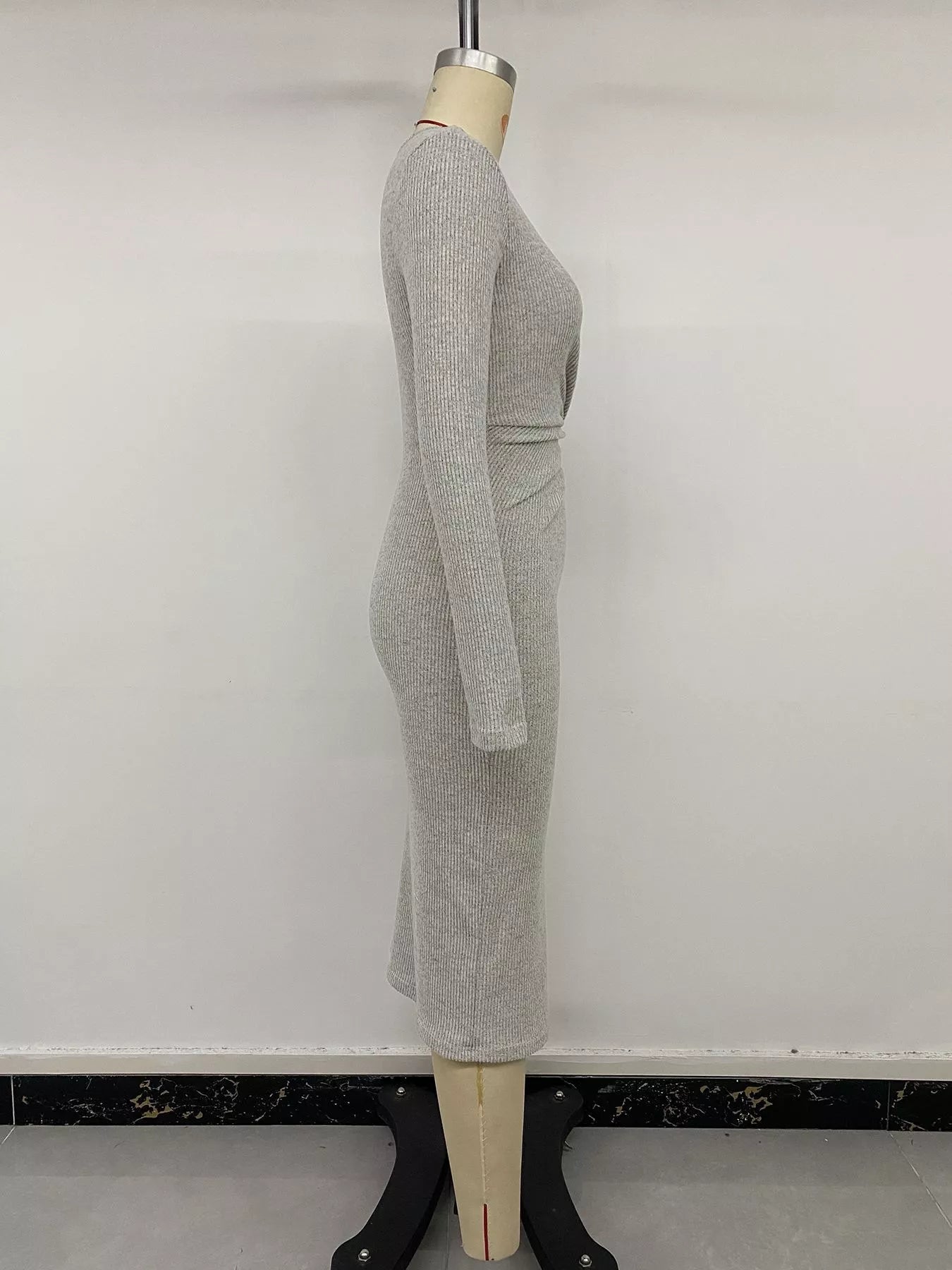 Ribbed Knit Twist Front Long Sleeve Midi Dress with Slit