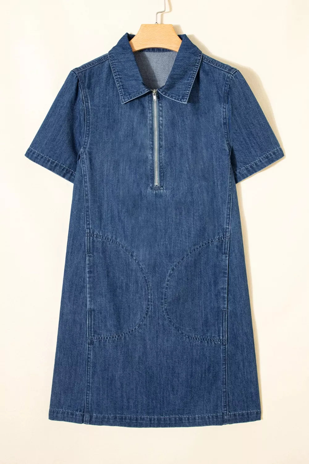 Zip Up Collared Short Sleeve Shift Mini Denim Dress