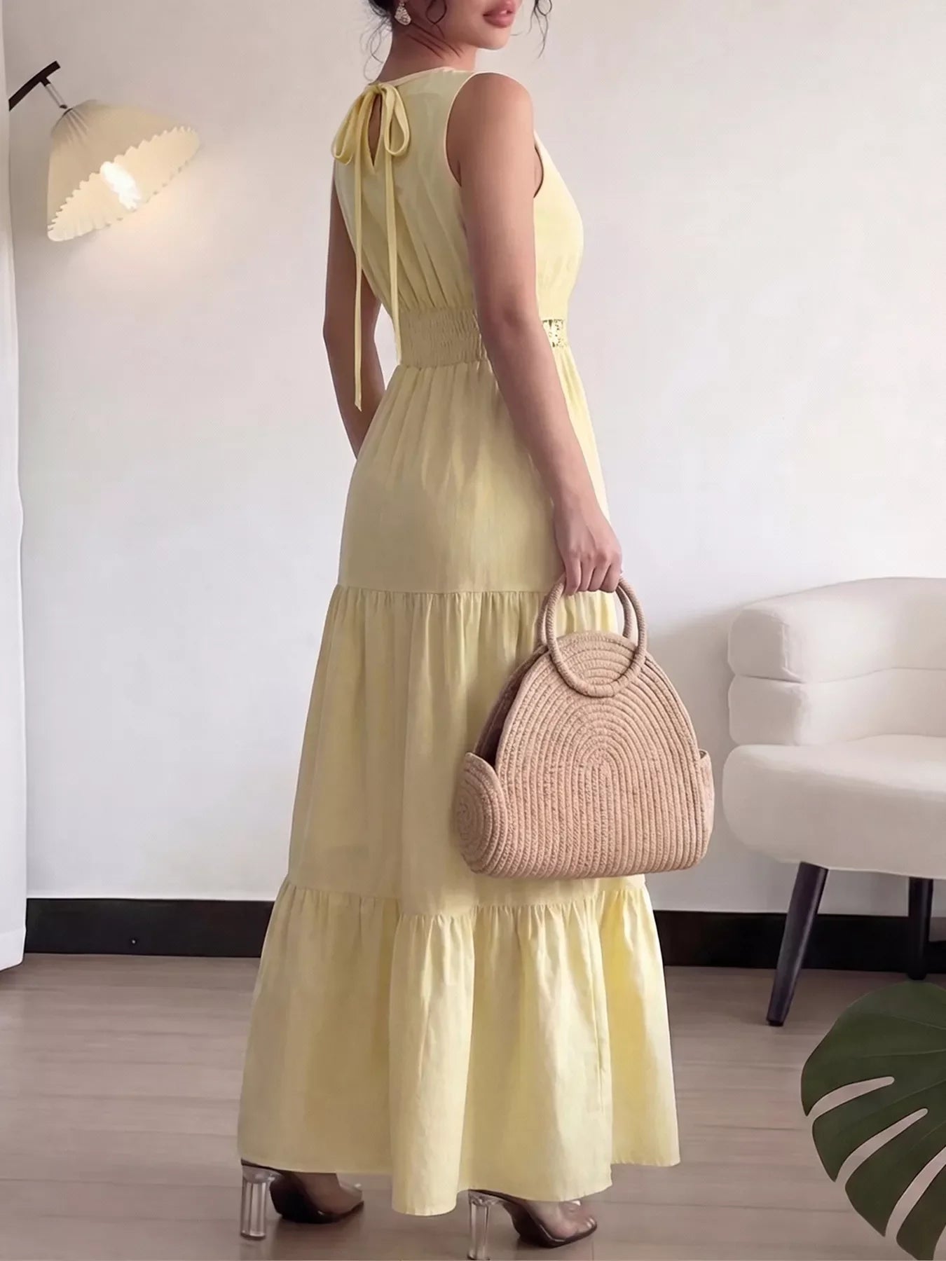 Sleeveless Tiered Lace Trim Maxi Dress