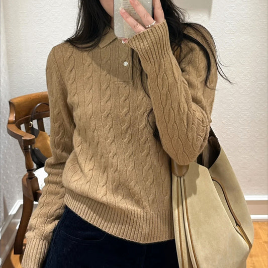 Ralph Knit Polo Sweater Long Sleeve Turn-Down Collar Wool Pullover Loose Fit Women