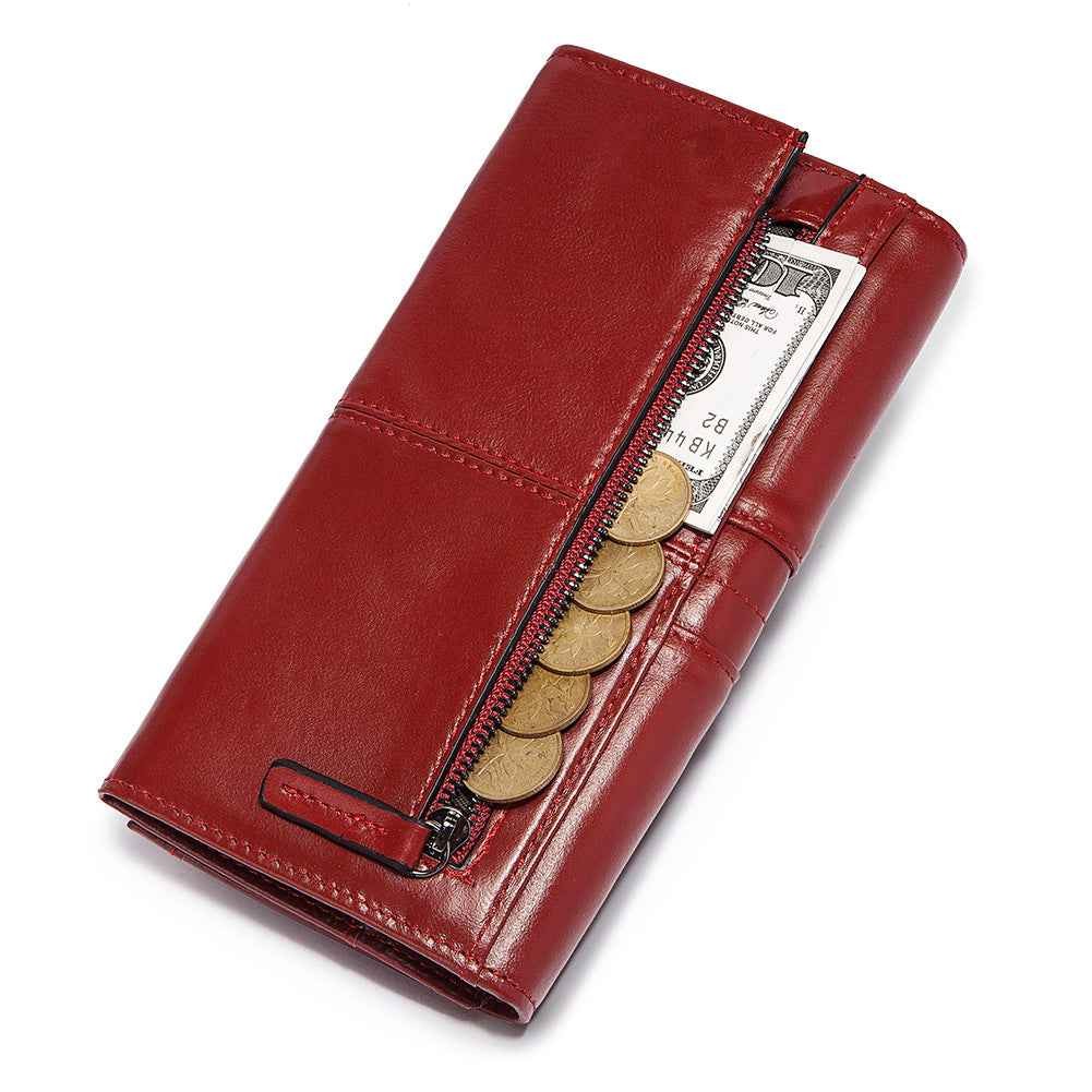 Anti-Theft Brushed Genuine Leather Ladies Wallet Top Layer Cowhide Long Women's Bag Multi-Card Card Holder Mobile Phone Bag Clutch Bag