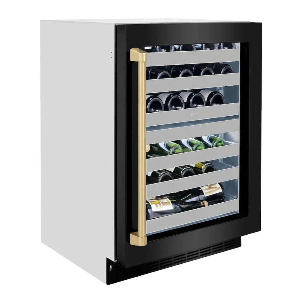 ZLINE 24" Touchstone Dual Zone 44 Bottle Wine Cooler Black Stainless Steel Glass Door Champagne Bronze Handle RWDOZ-BS-24-CB