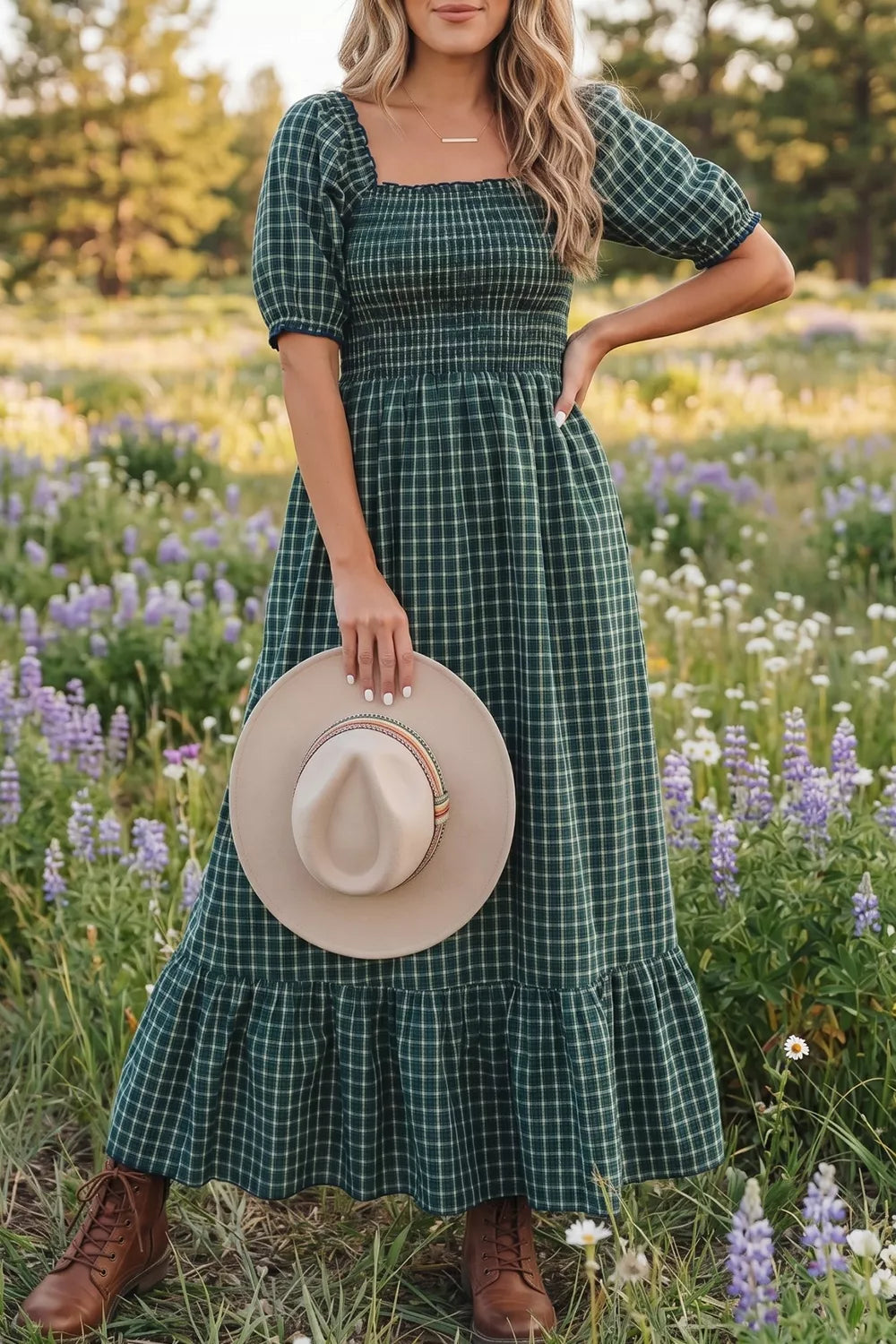Plaid Square Neck Shirred High Waist Ruffle Hem Maxi Dress