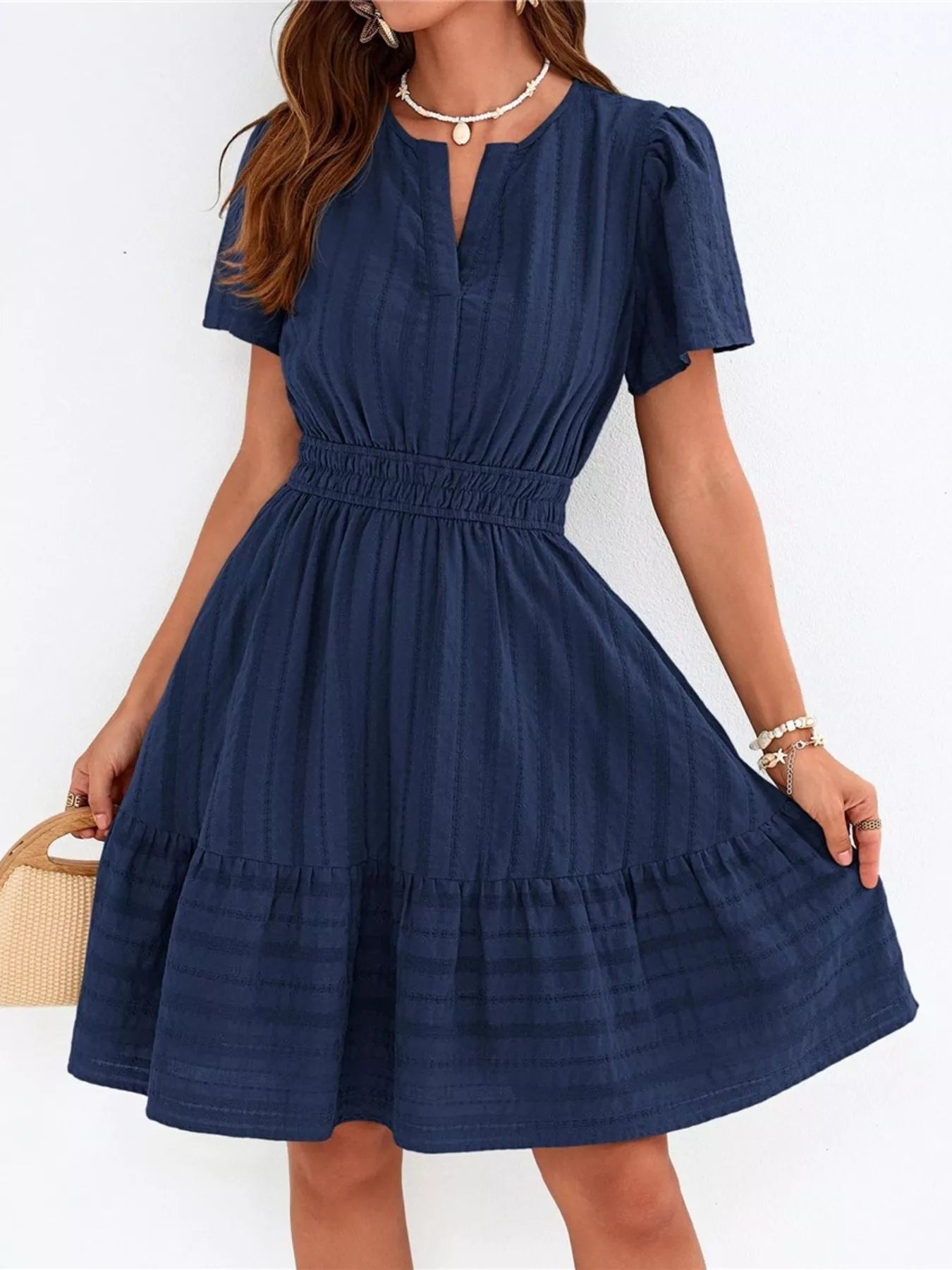 Short Sleeve Smocked Waist Tiered Dress