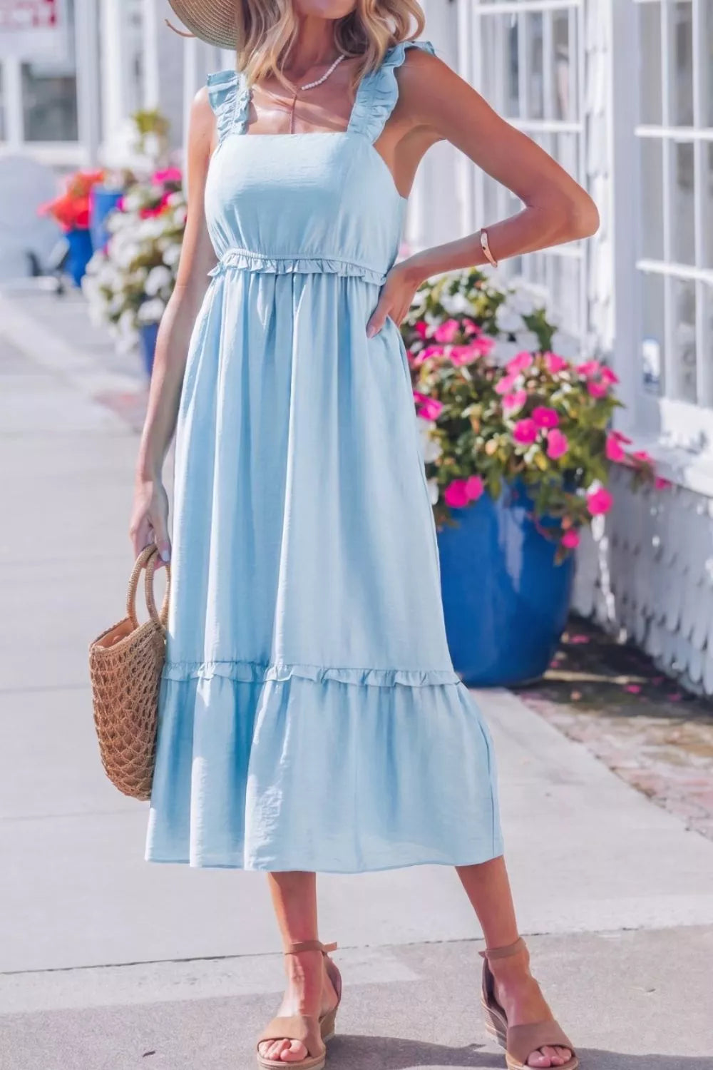 Solid Color Ruffle Trim High Waist Sleeveless Dress