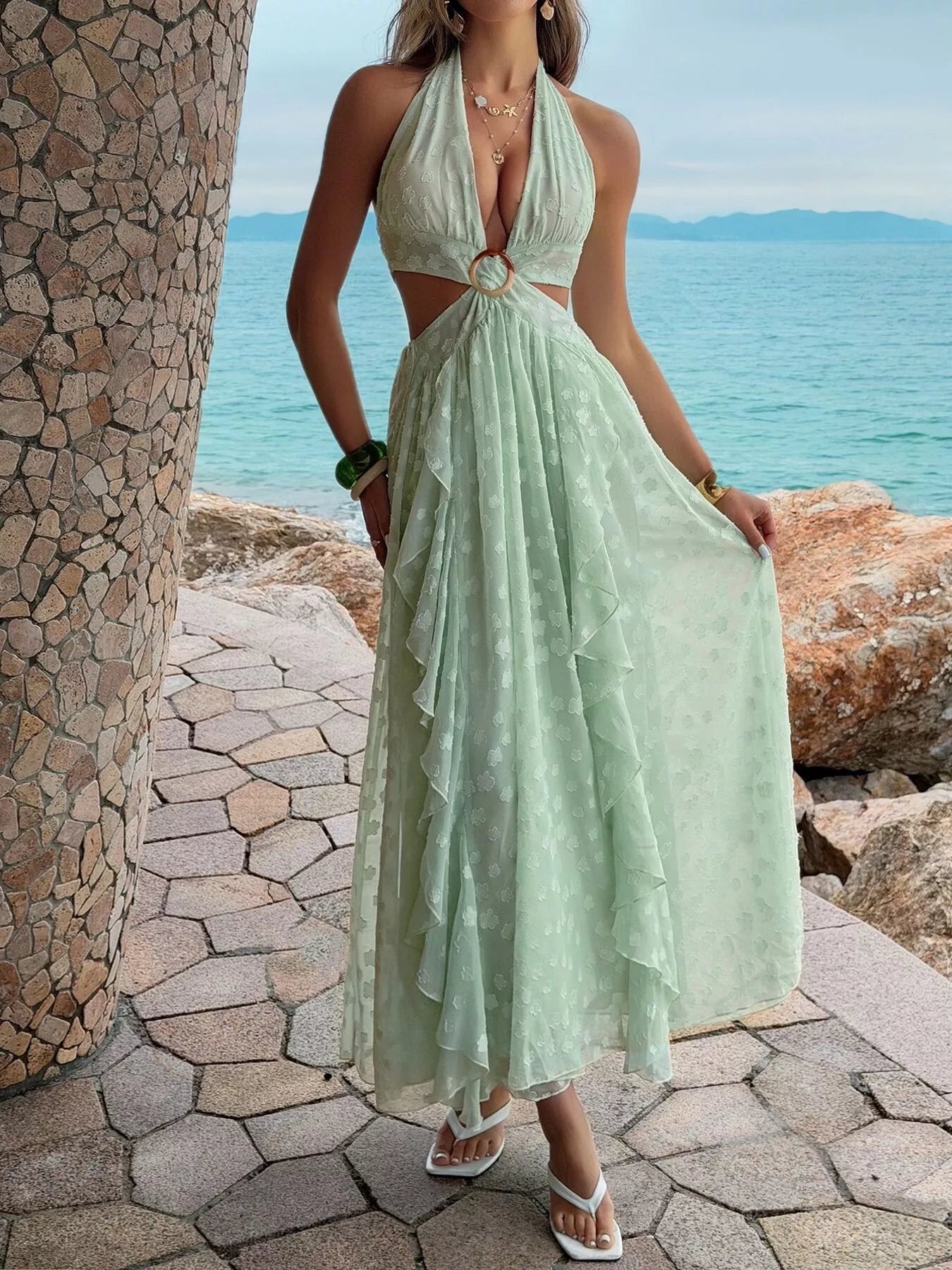 Ruffled Halter Neck Maxi Dress
