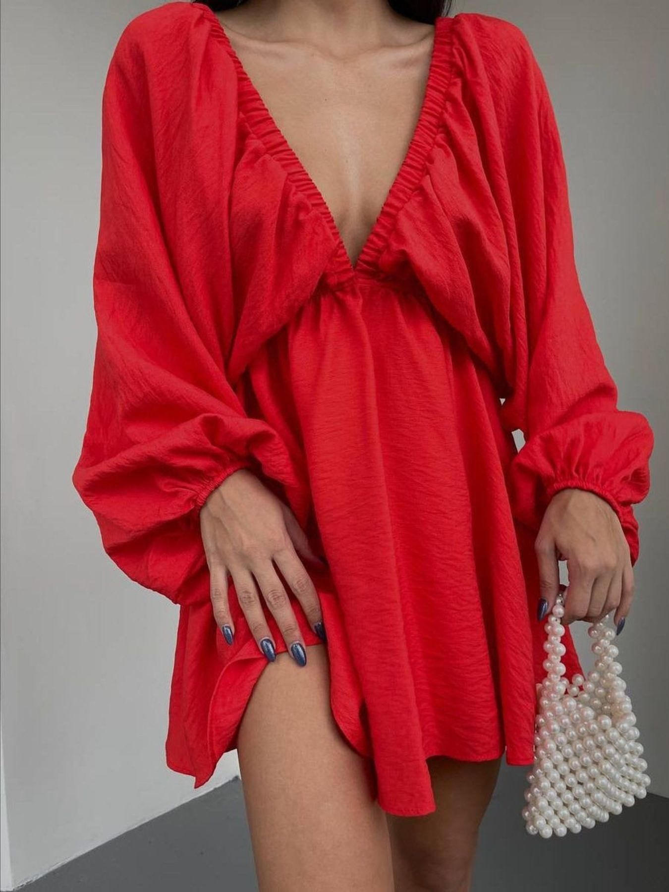 Deep V-Neck Balloon Sleeve Dress