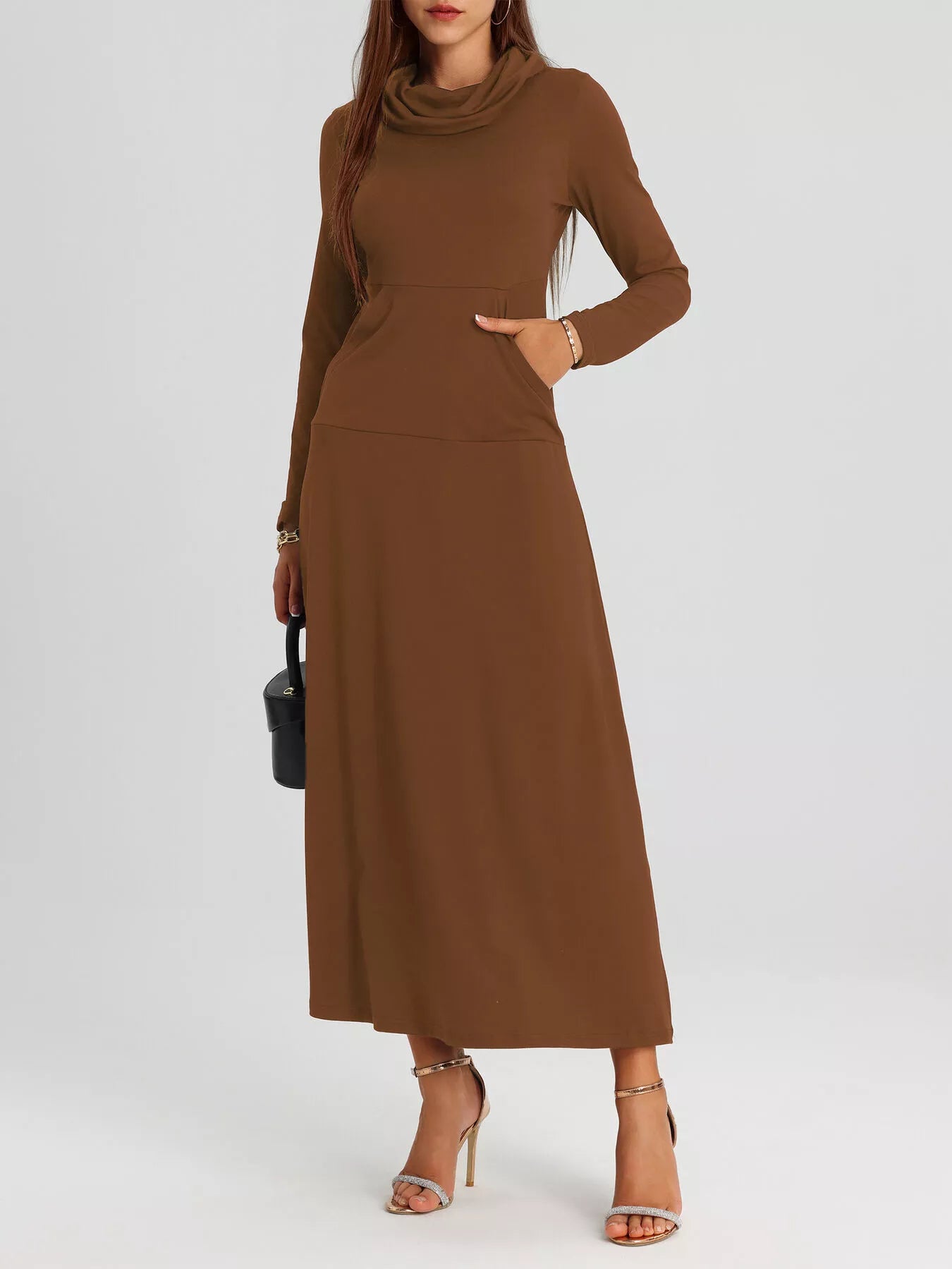 Cowl Neck Long Sleeve Midi Dress