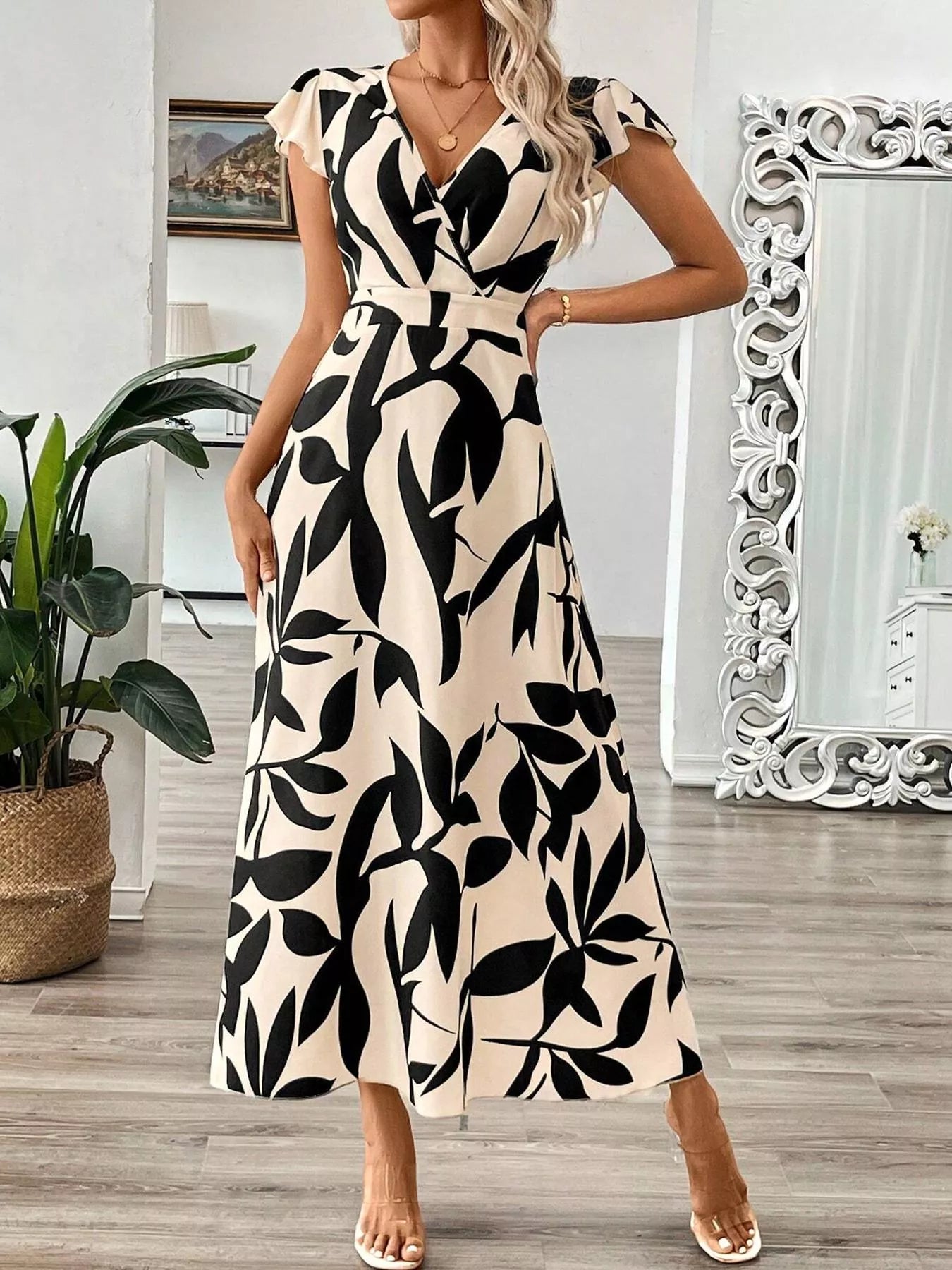 Surplice Cap Sleeve Midi Dress
