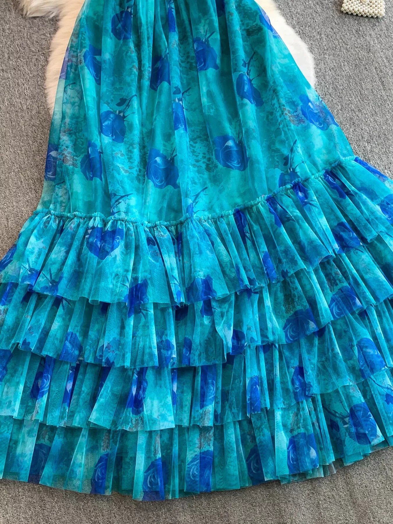 Floral Print Ruffled Layered Mesh Dress