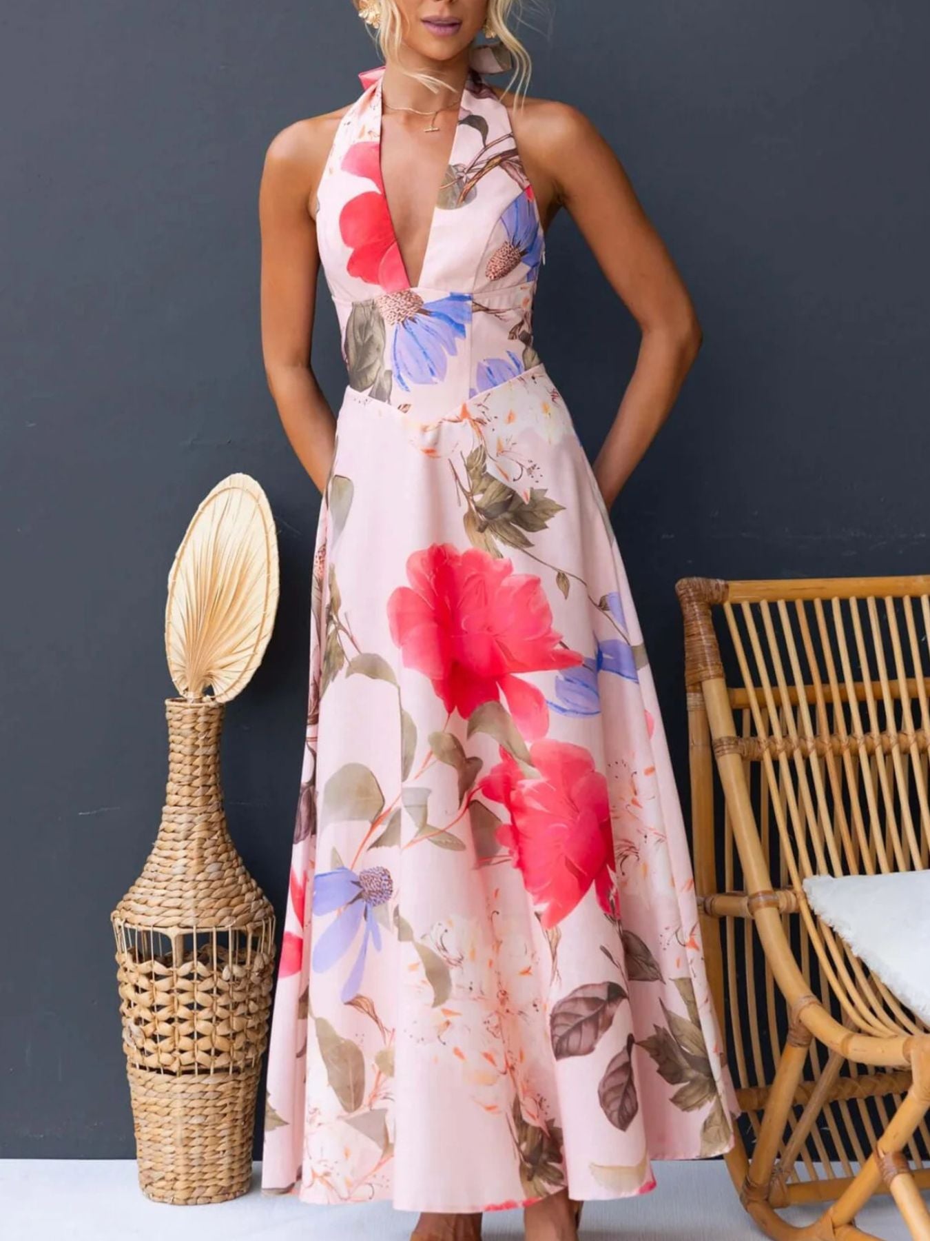 Floral Print Halter Neck Maxi Dress