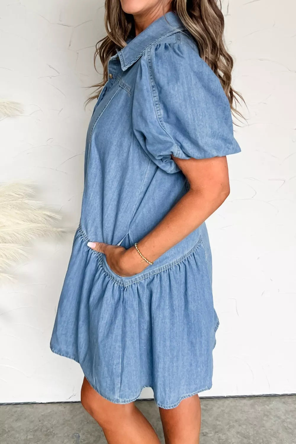 Button Down Short Puff Sleeve Ruffle Hem Denim Dress