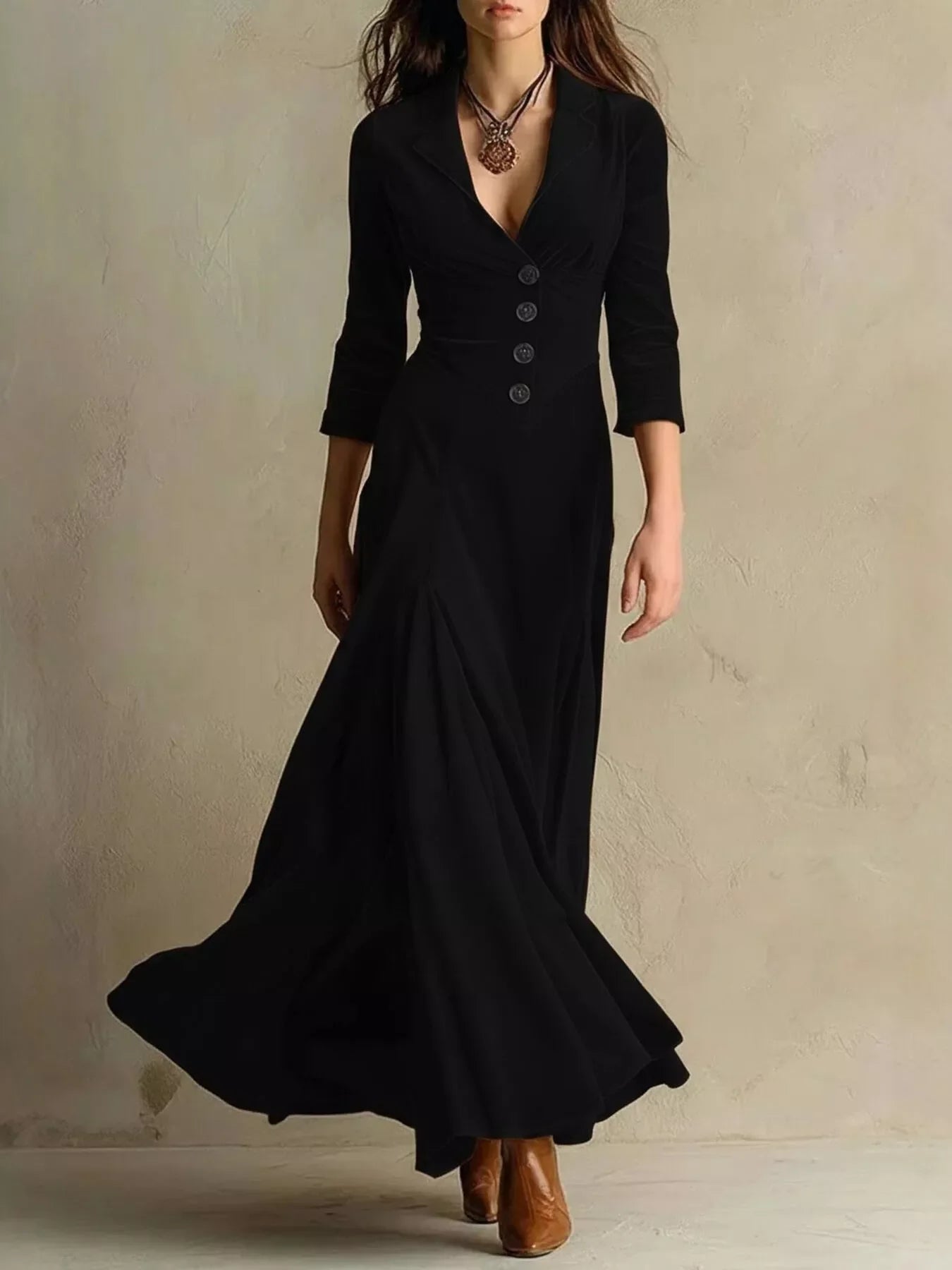 Velvet Button Front 3/4 Sleeve Maxi Dress