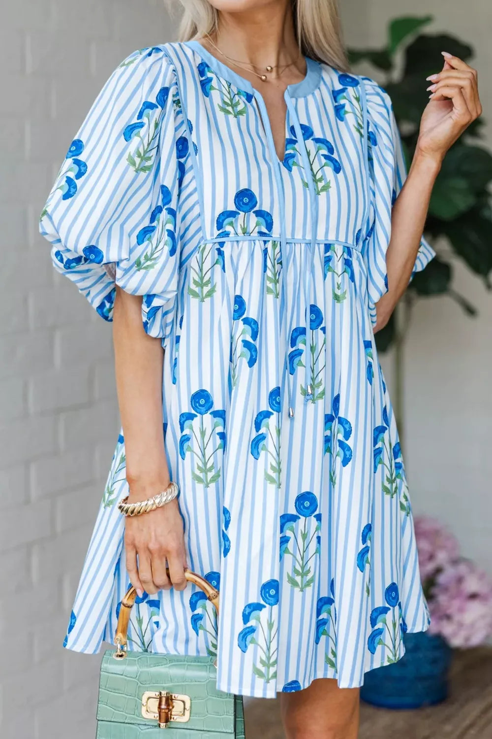 Floral Striped Print Tie Notched Neck Puff Sleeve Flared Mini Dress