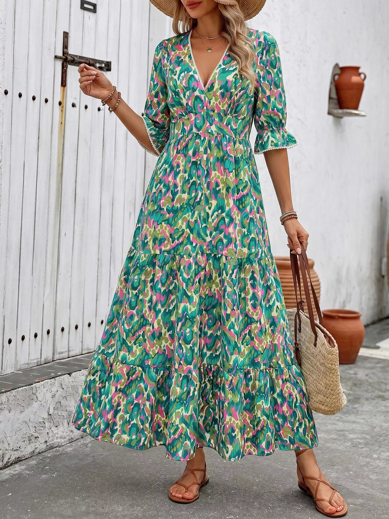 Printed V-Neck Flounce Sleeve Dress