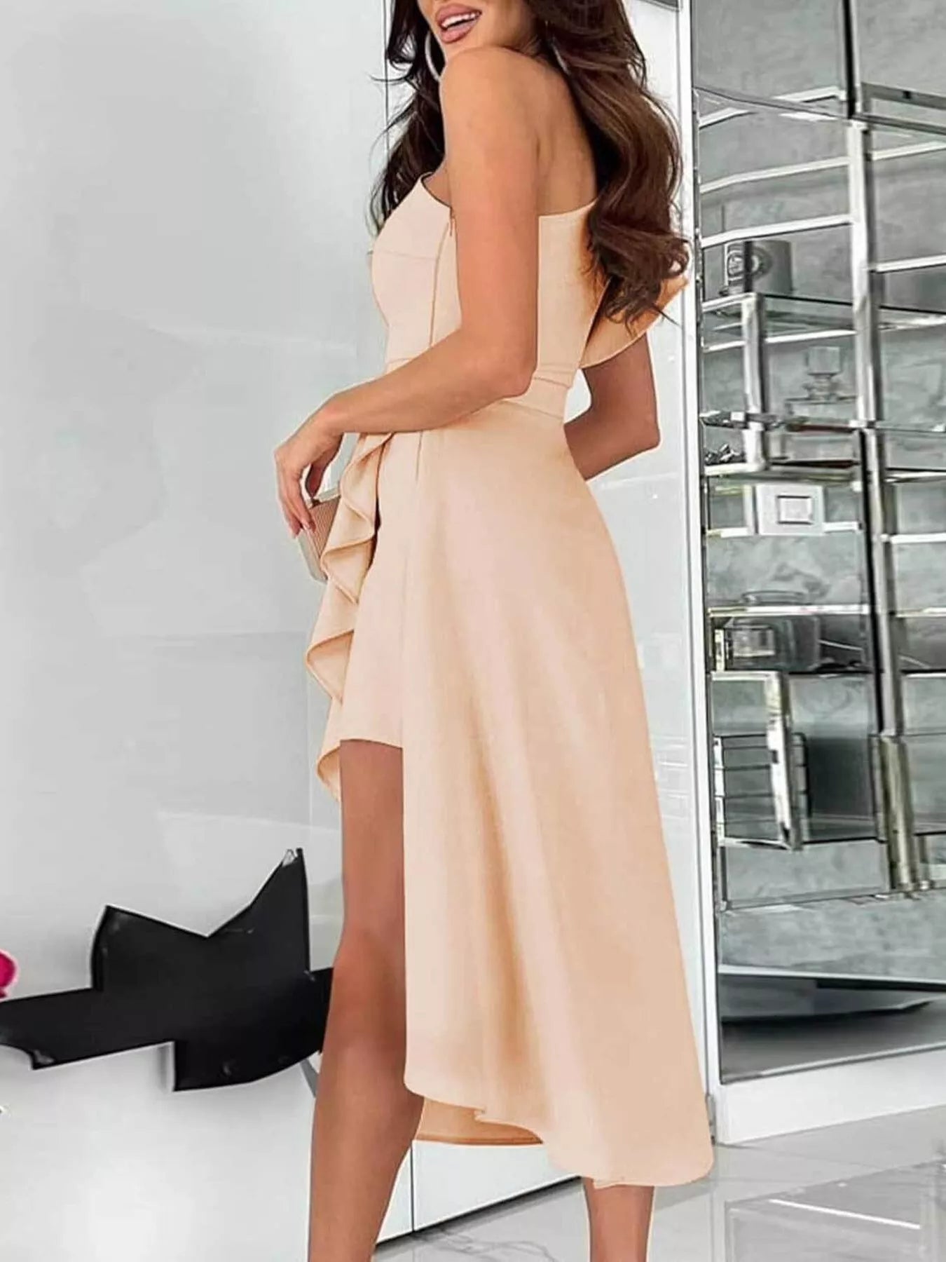 One-Shoulder Ruffle High-Low Dress