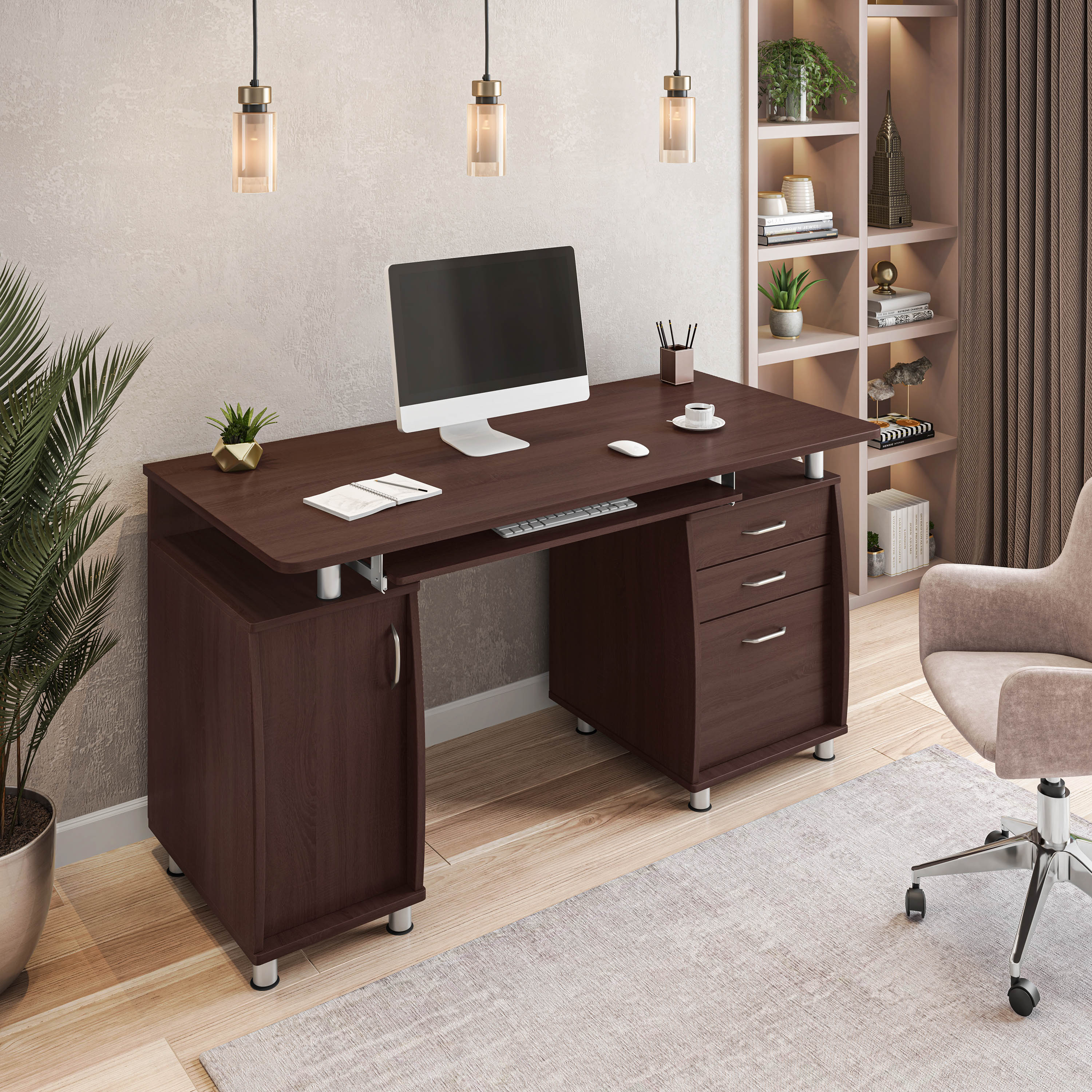 Techni Mobili Complete Workstation Computer Desk with Storage, Chocolate