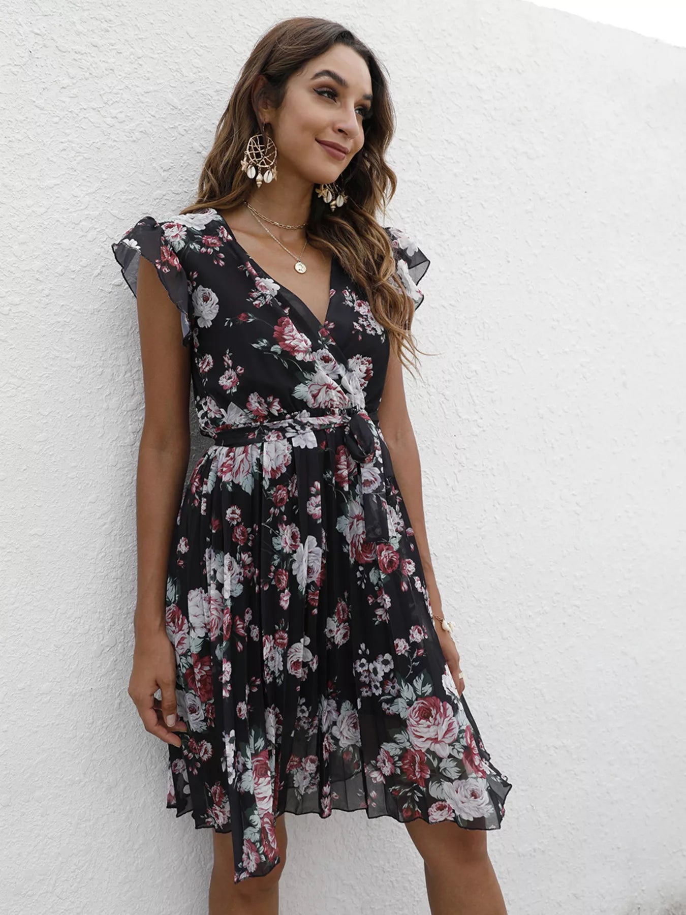 Pleated Floral Print Ruffle Sleeve Dress