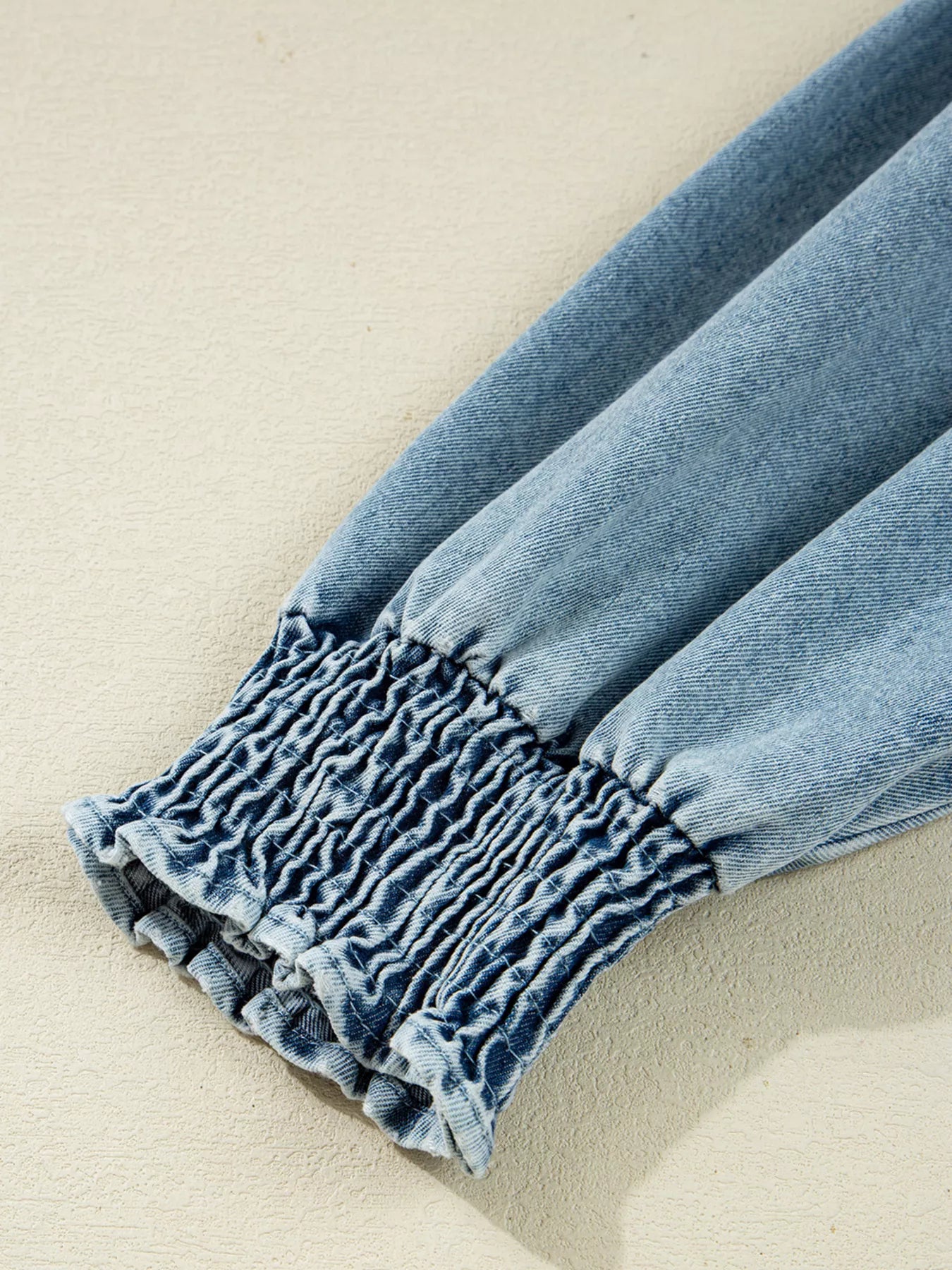Smocked Cuffs Flared Denim Shirt Mini Dress