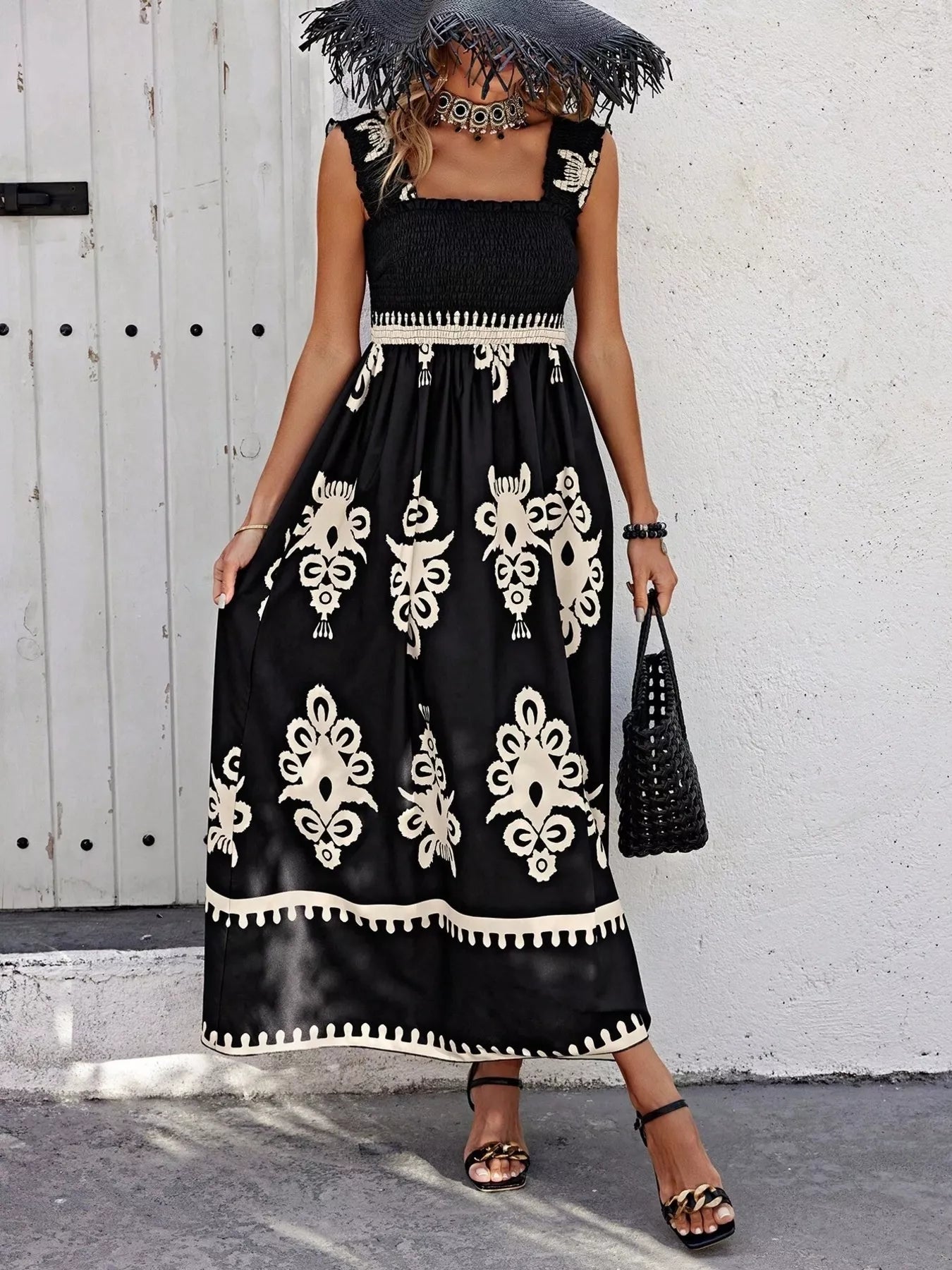 Smocked Printed Square Neck Maxi Dress