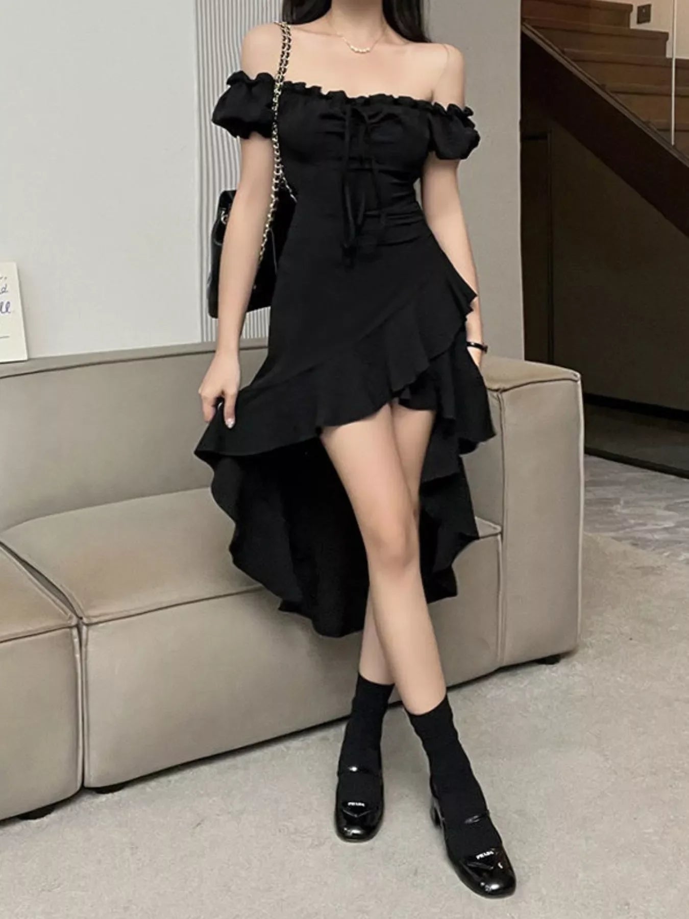 Off-Shoulder Ruffle Hem High-Low Dress