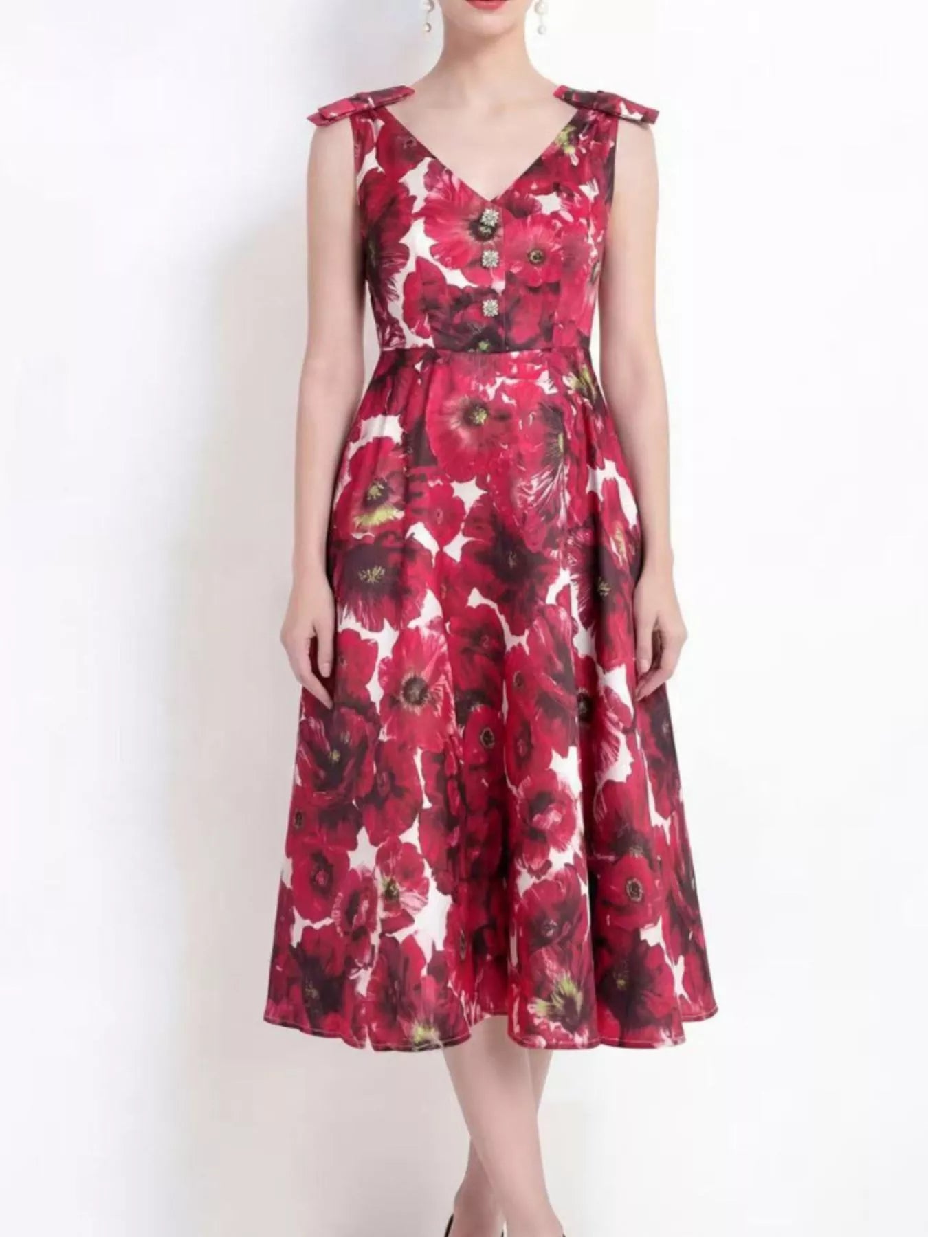 V-Neck Sleeveless Floral Print Midi Dress