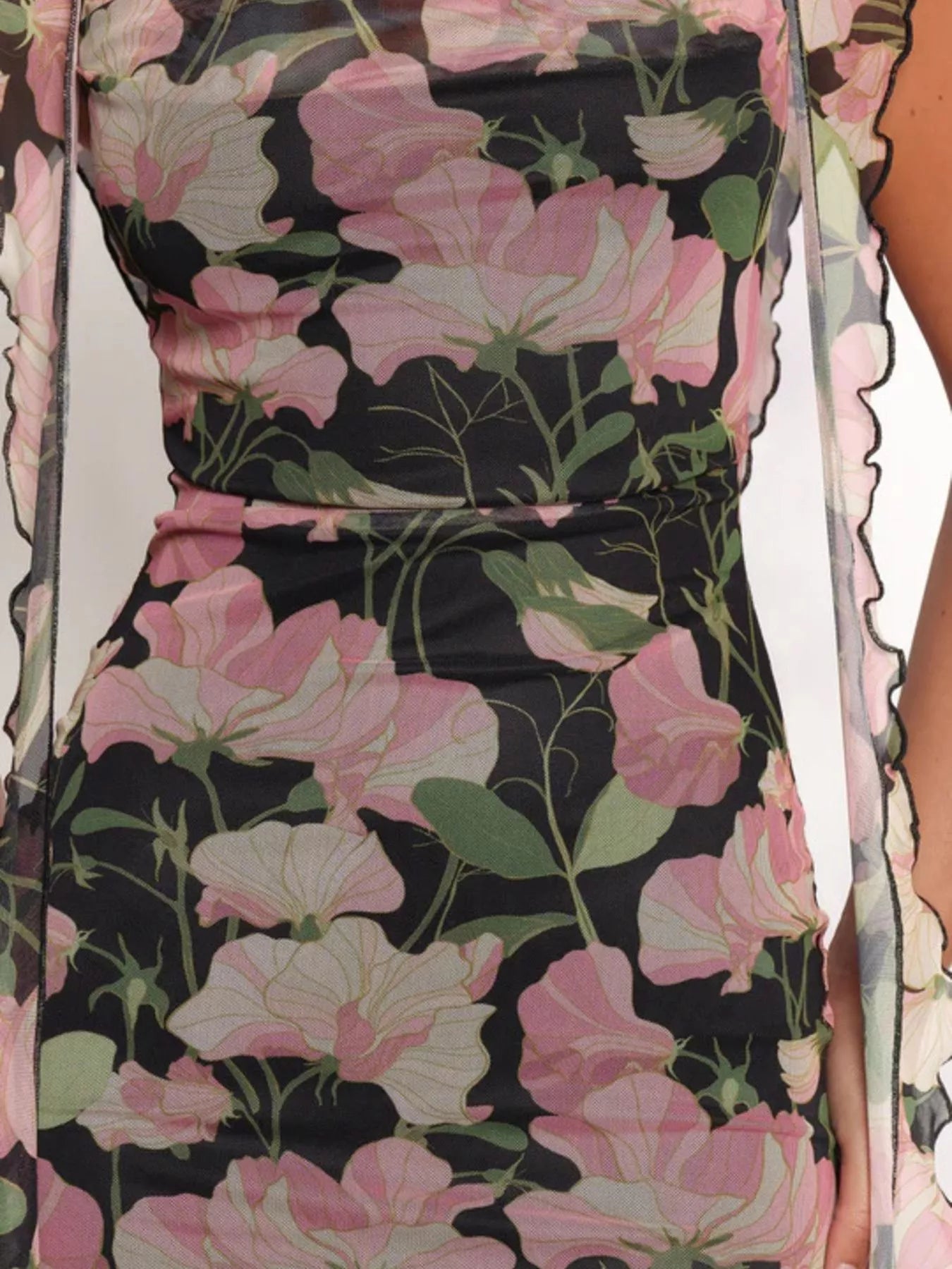 Floral Print Ruffle Trim Bodycon Maxi Dress