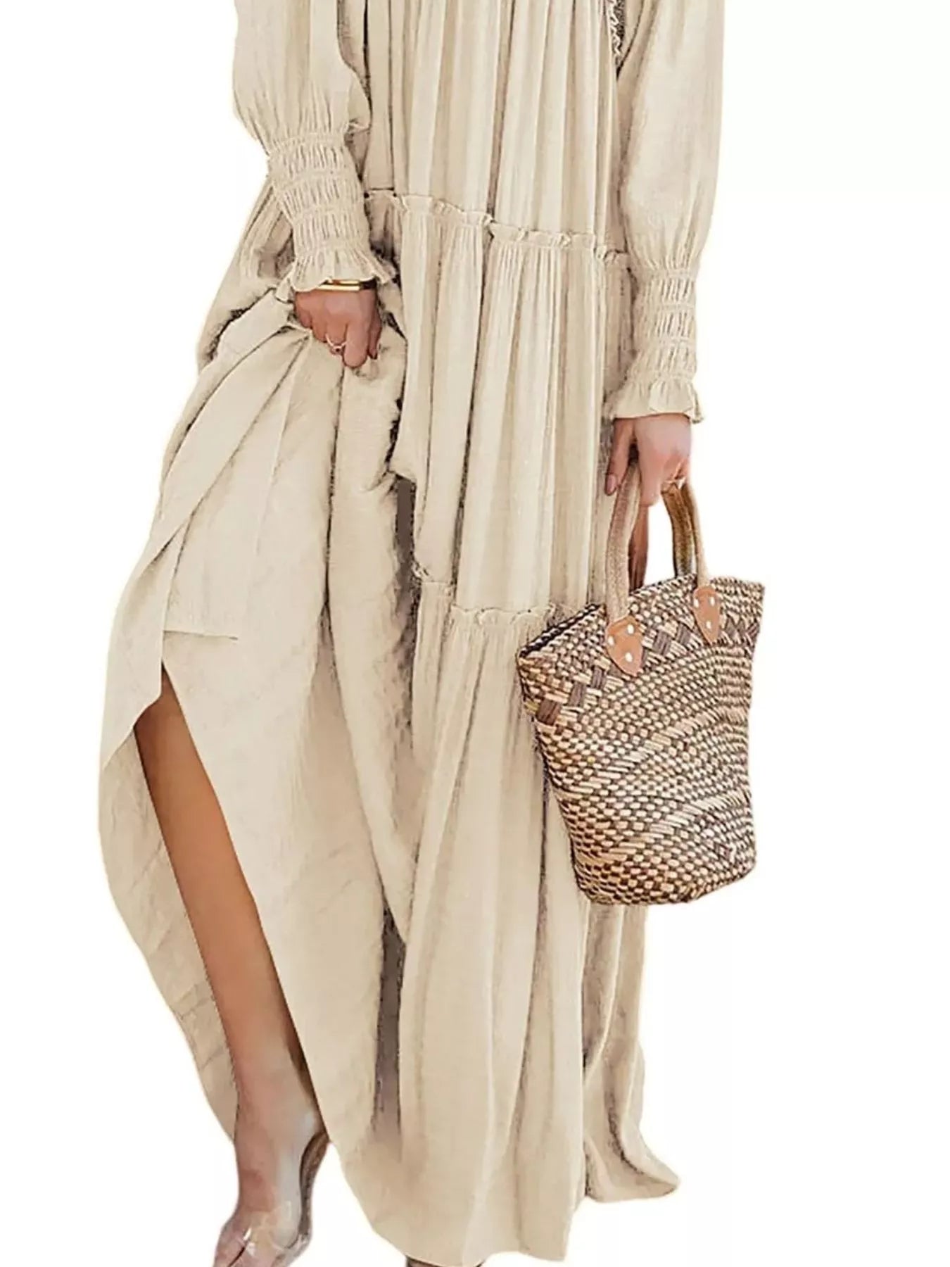 V-Neck Long Sleeve Tiered Maxi Dress