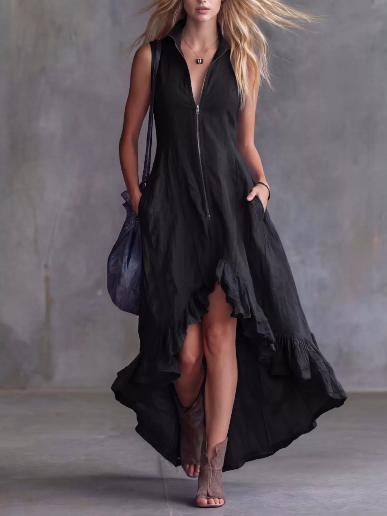 Full Size High-Low Ruffled Zip Front Dress Plus Size