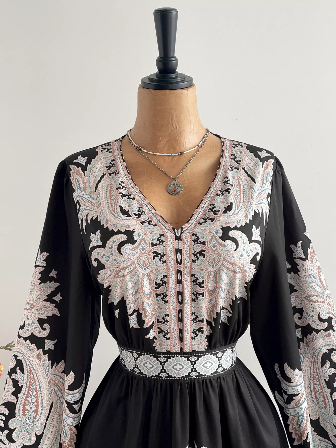 Plus Size Printed V-Neck Balloon Sleeve Dress