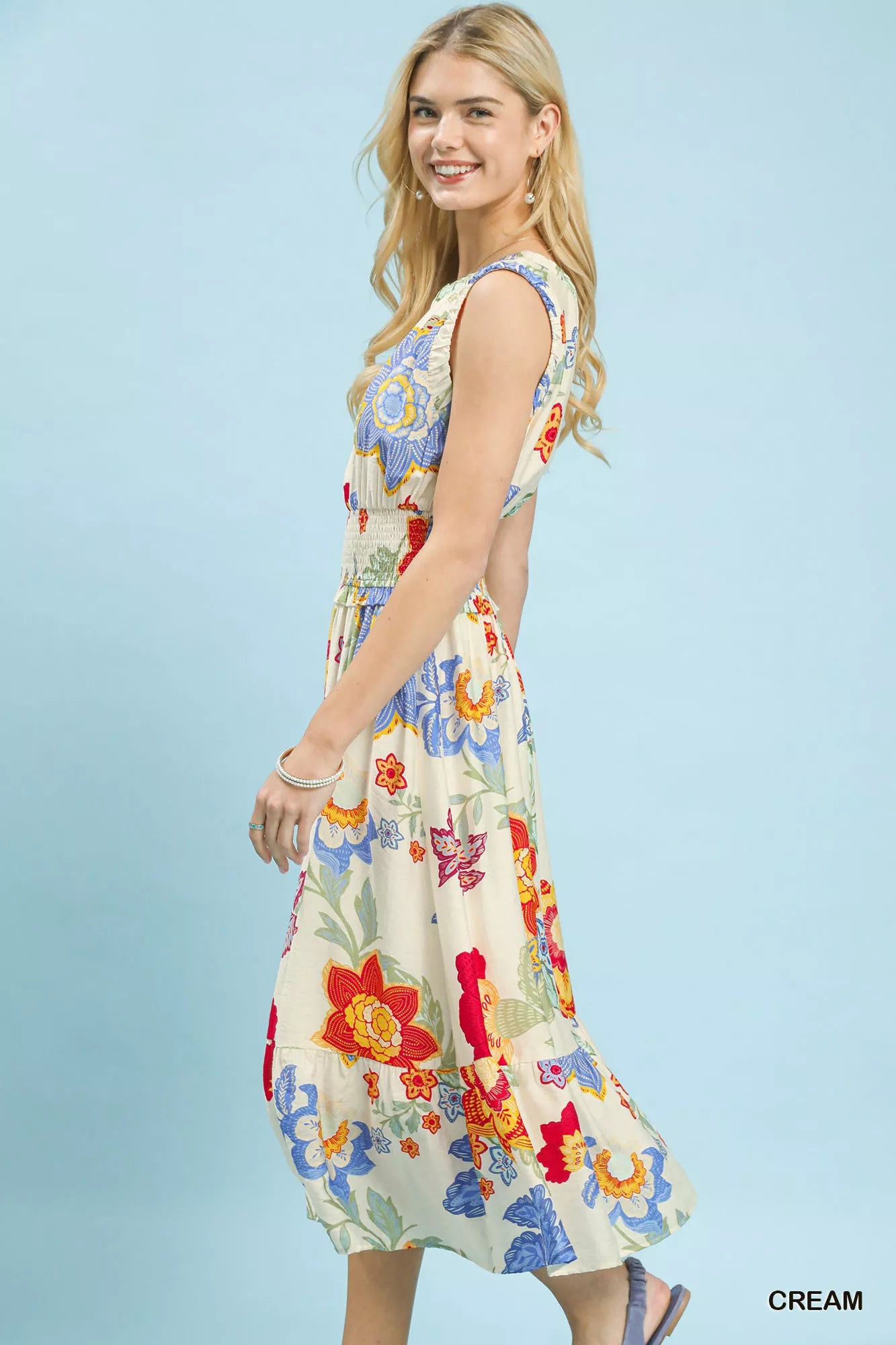 Umgee Floral Smocked Midi Dress