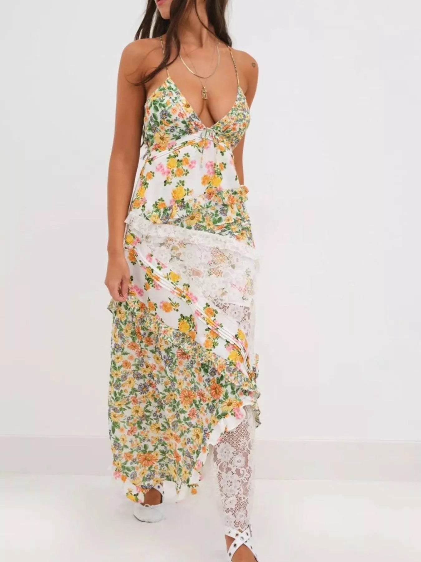 Lace Floral Print Ruffle Trim Maxi Dress