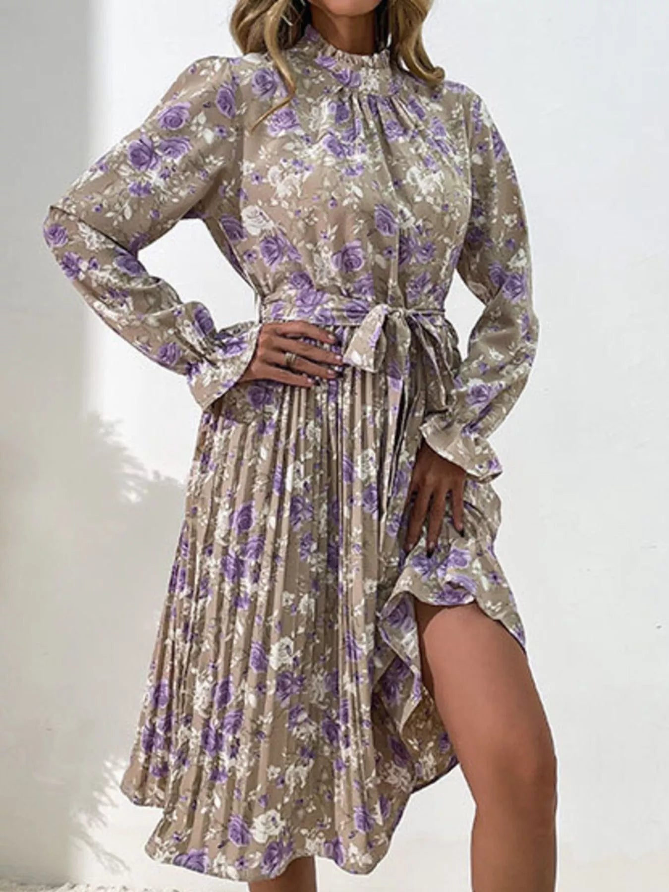 Floral Print Long Sleeve Pleated Midi Dress
