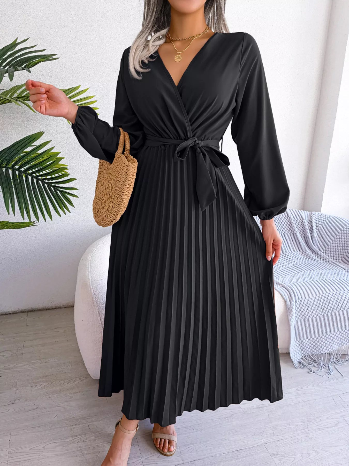 Elegant Pleated Front Tie Long Sleeve Dress