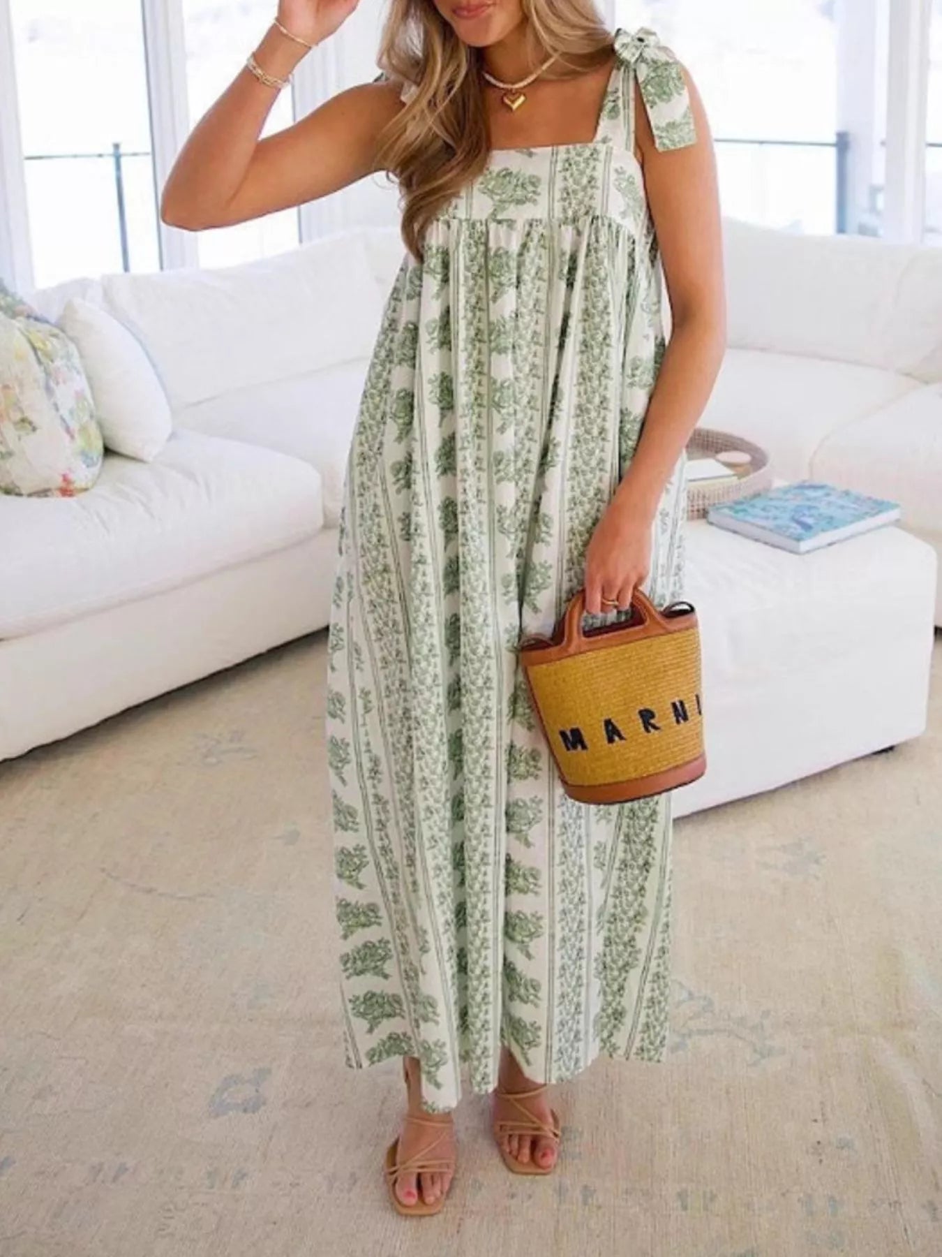Elegant Floral Print Tie-Shoulder Dress