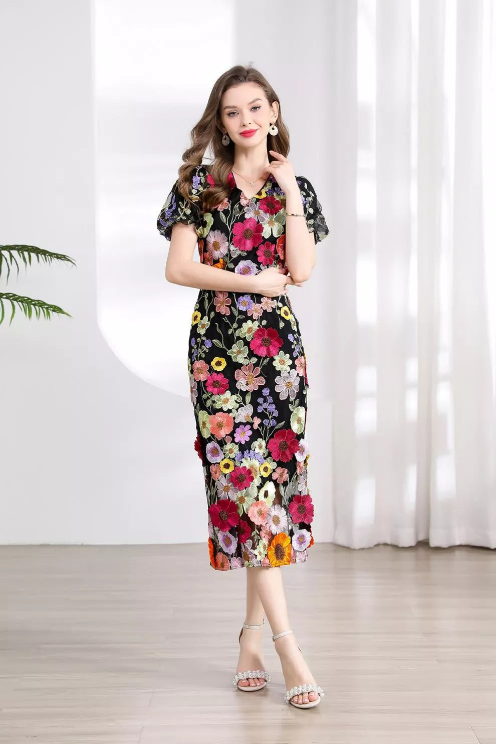 Floral Embroidered Puff Sleeve Midi Dress