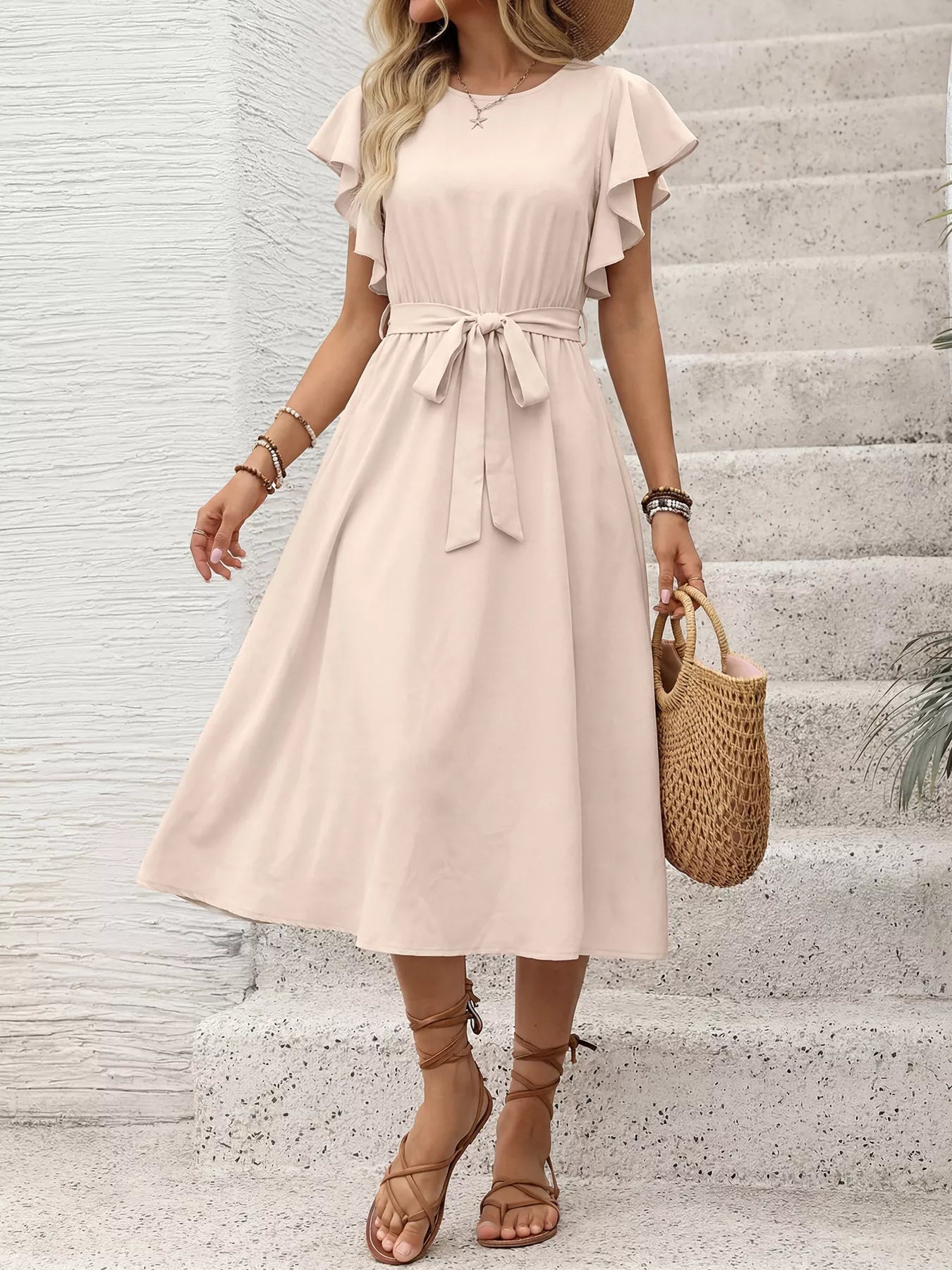 Ruffle Sleeve Tie Waist Midi Dress