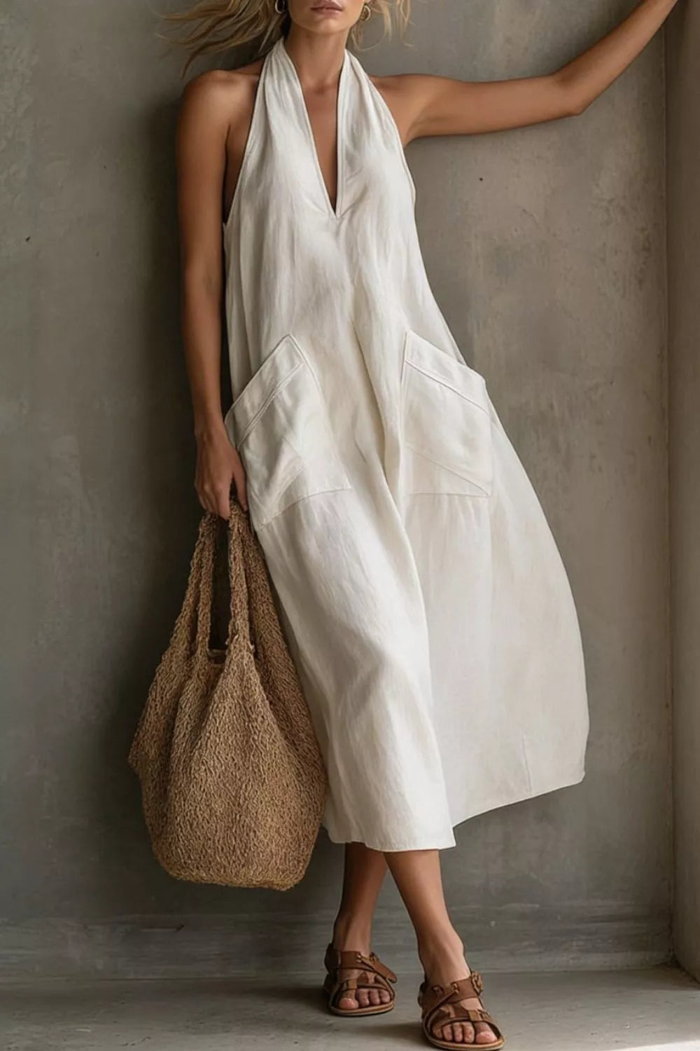 Casual Halter Neck Pocket Midi Dress