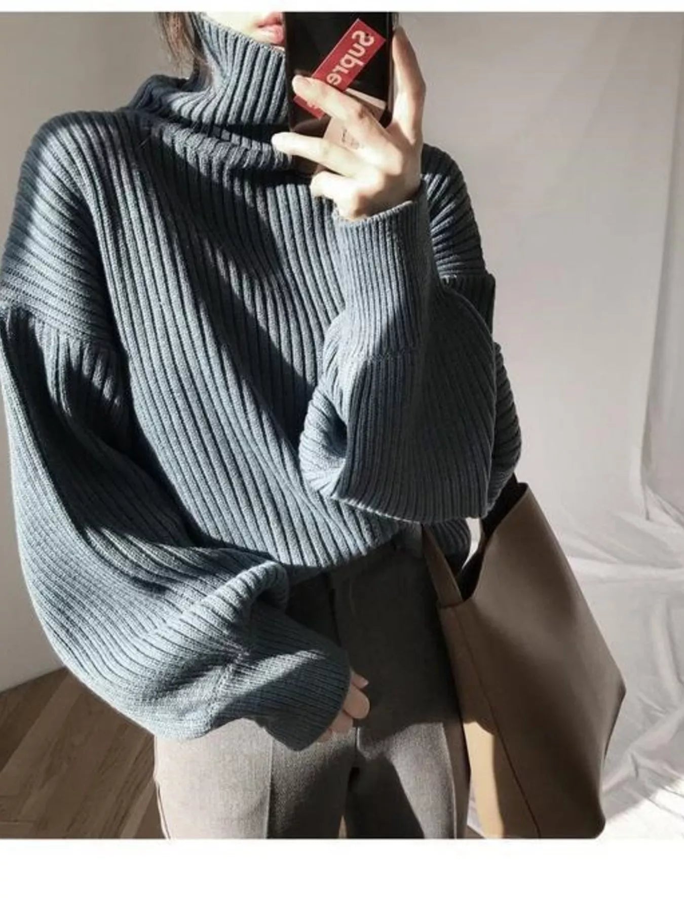 Oversized Turtleneck Ribbed Knit Sweater