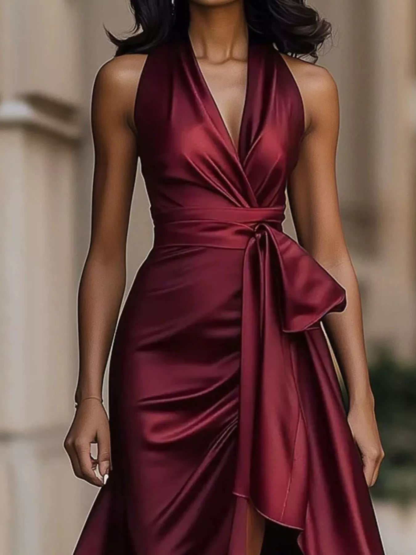 Full Size High-Low Ruffled Satin Maxi Dress Plus Size