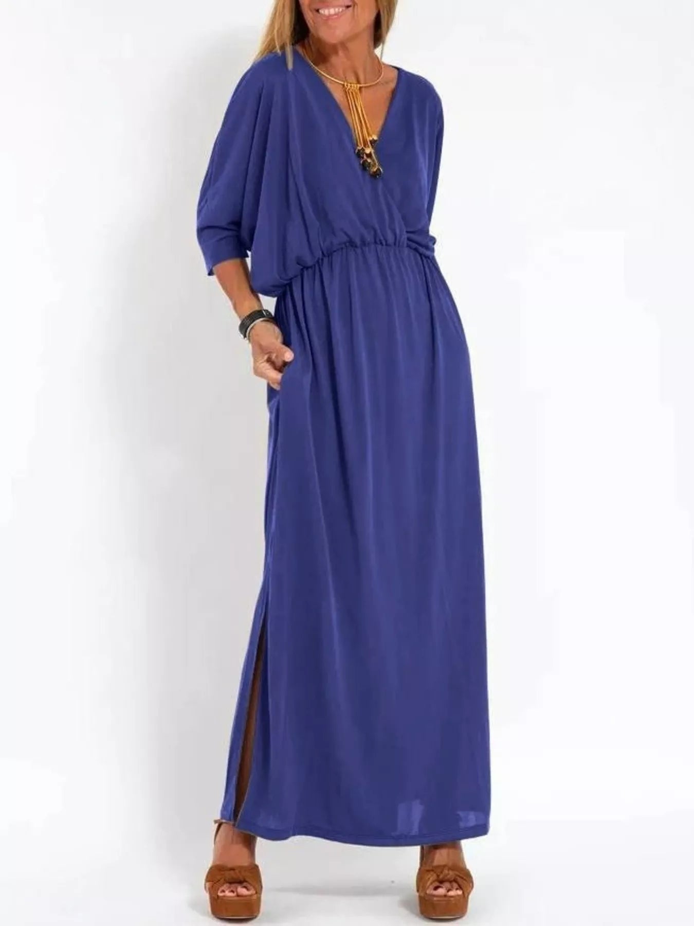 Full Size V-Neck Batwing Sleeve Maxi Dress with Side Slits Plus Size