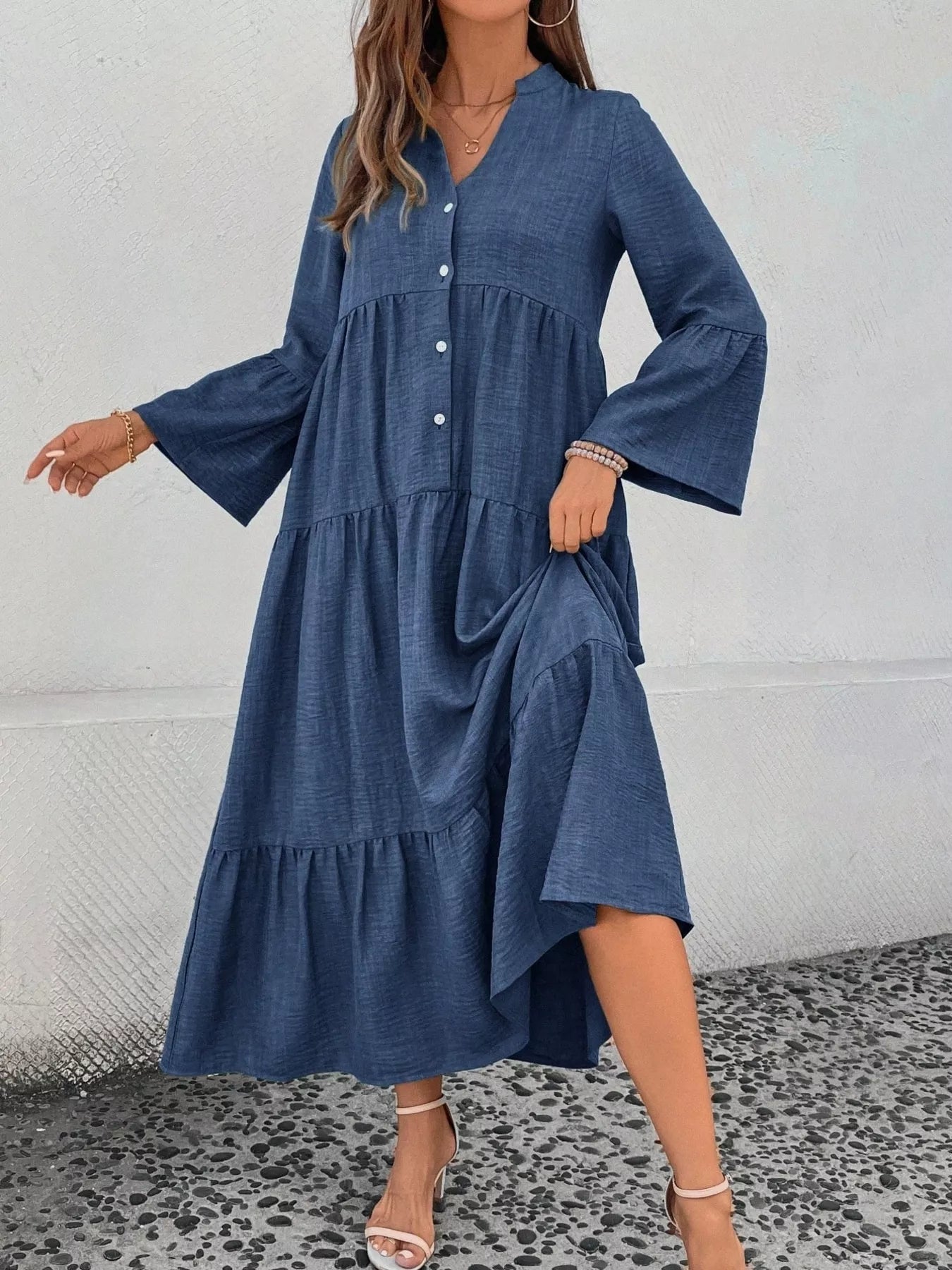 Ruffle Hem Button Front Tiered Dress