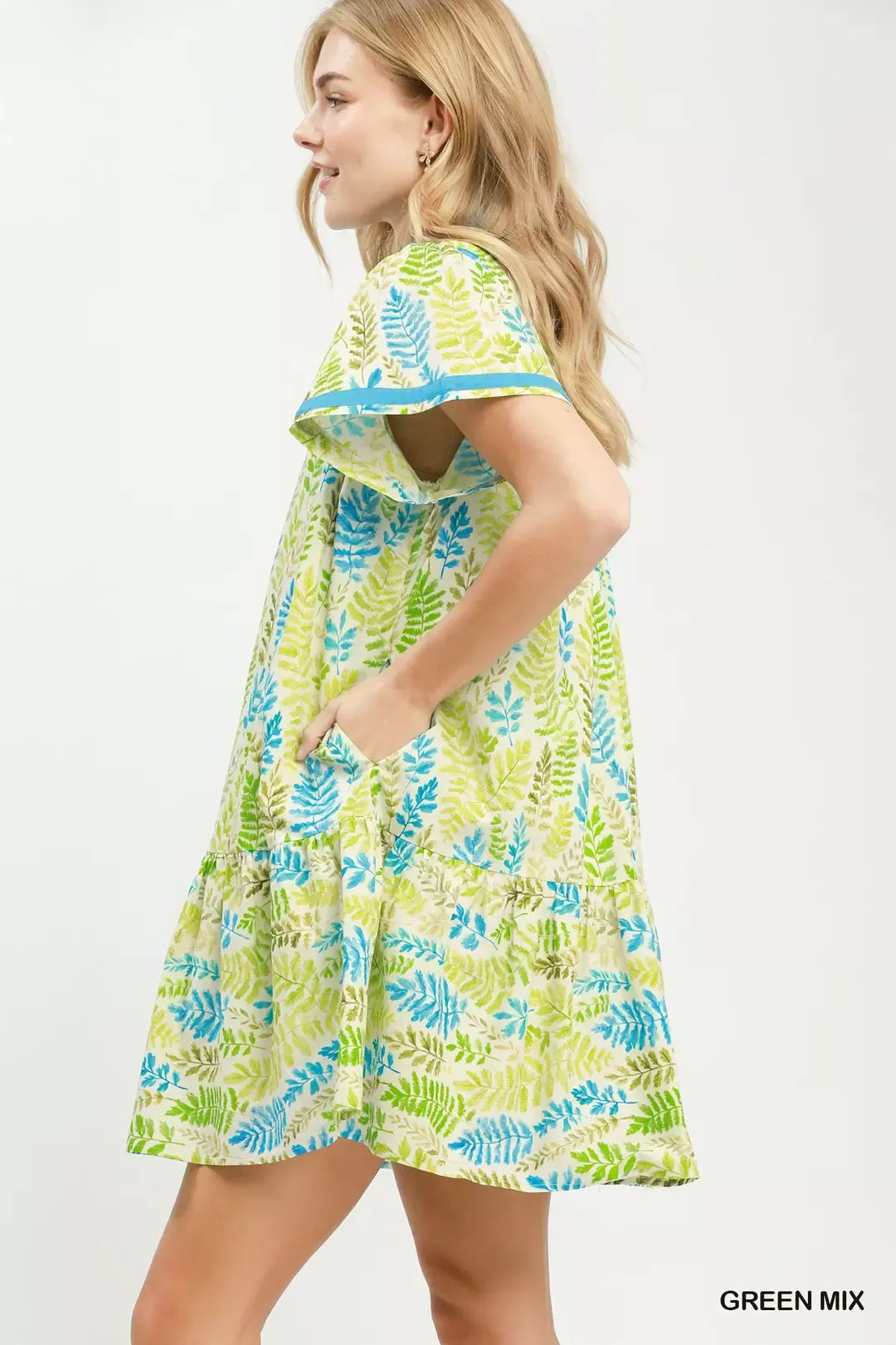 Umgee Leaf Print Flutter Sleeve Tiered Mini Dress