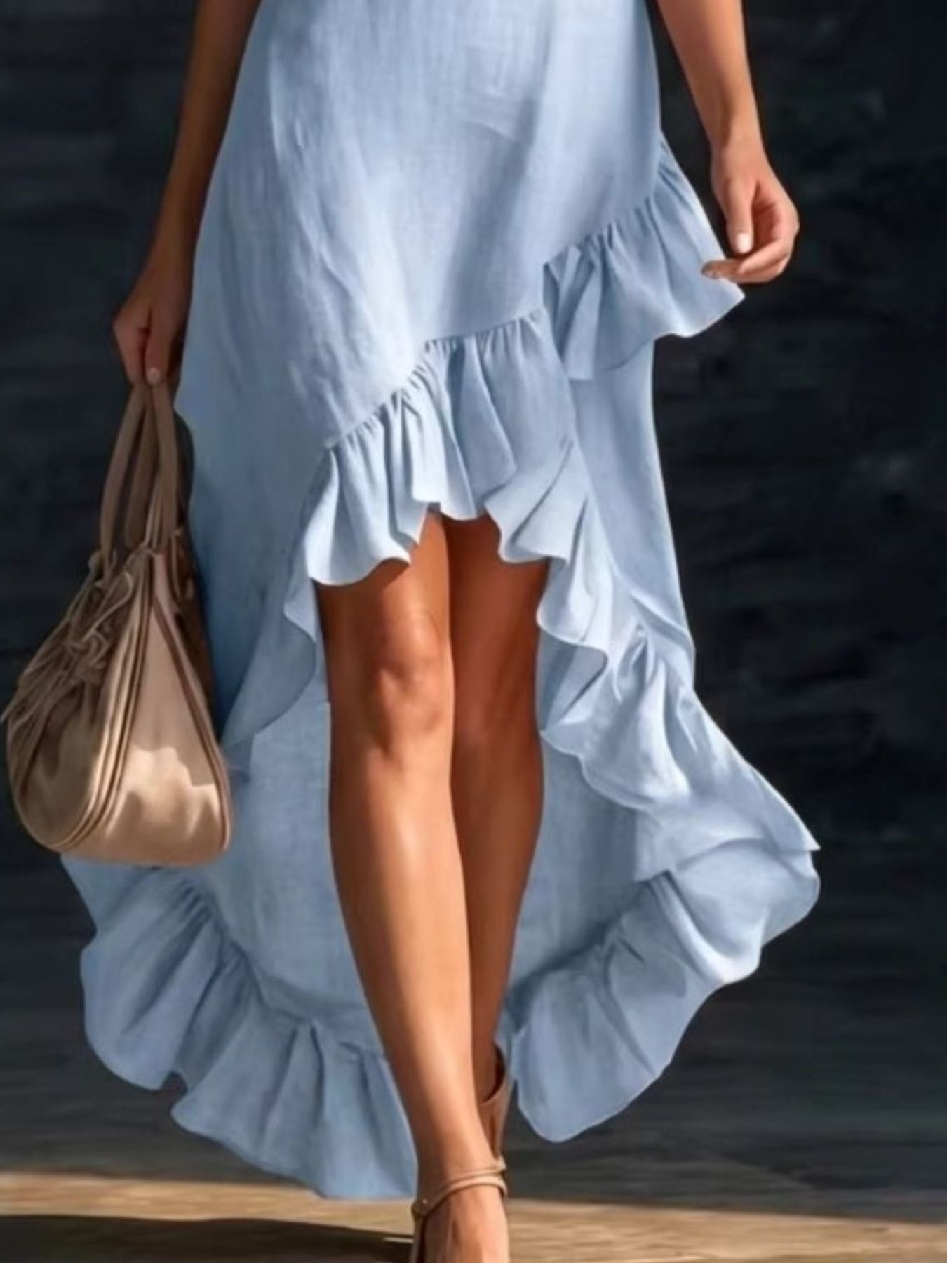 Sleeveless V-Neck Ruffle Hem High-Low Dress