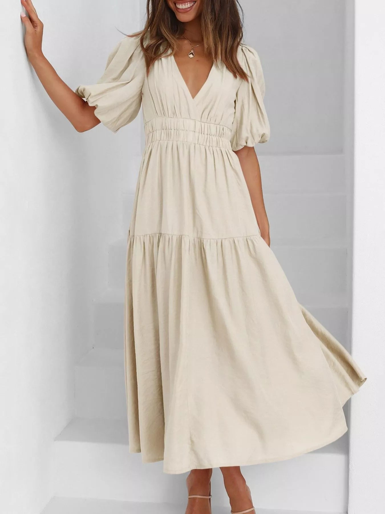 V-Neck Puff Sleeve Midi Dress