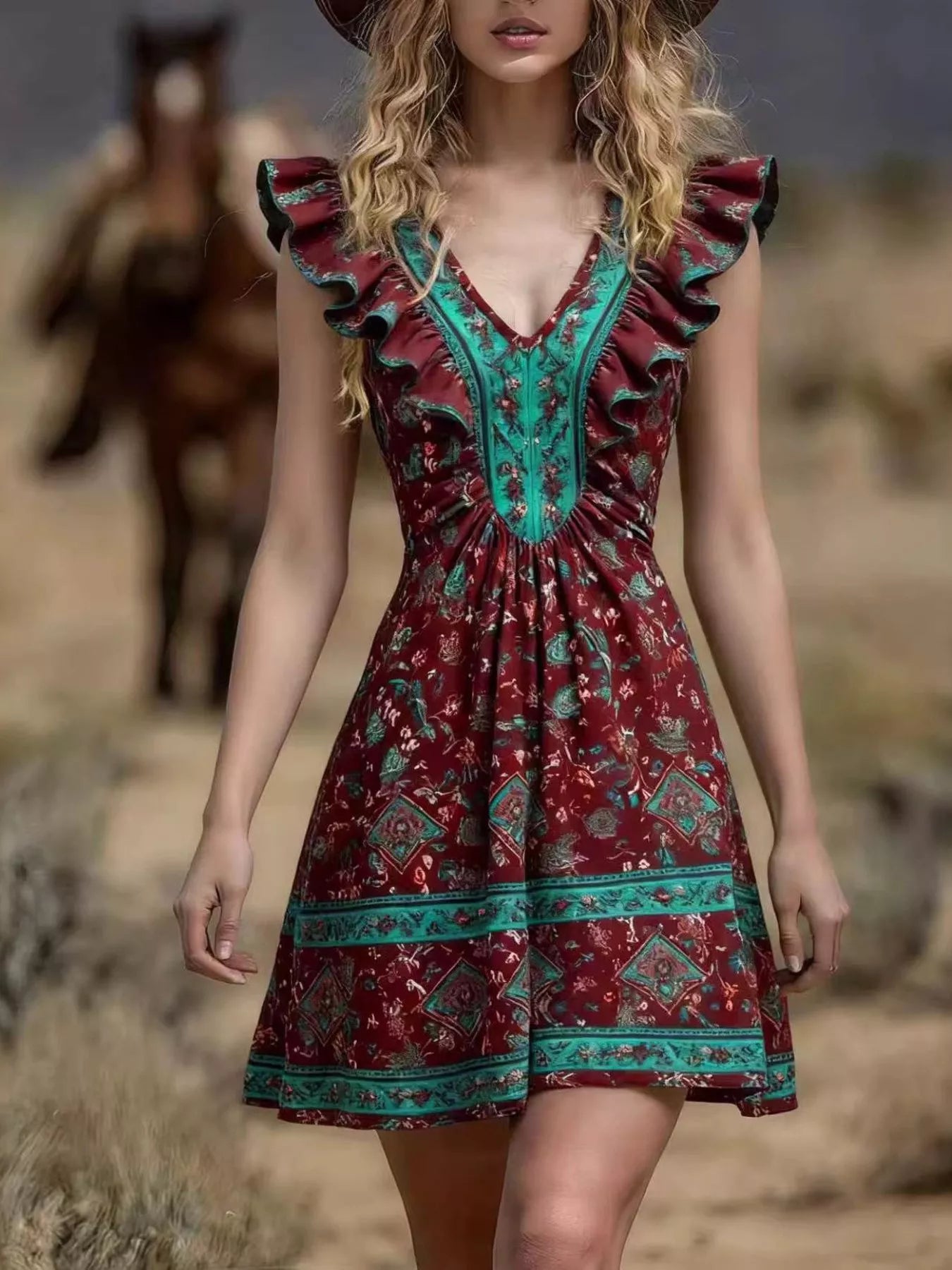 Ruffled V-Neck Mini Dress