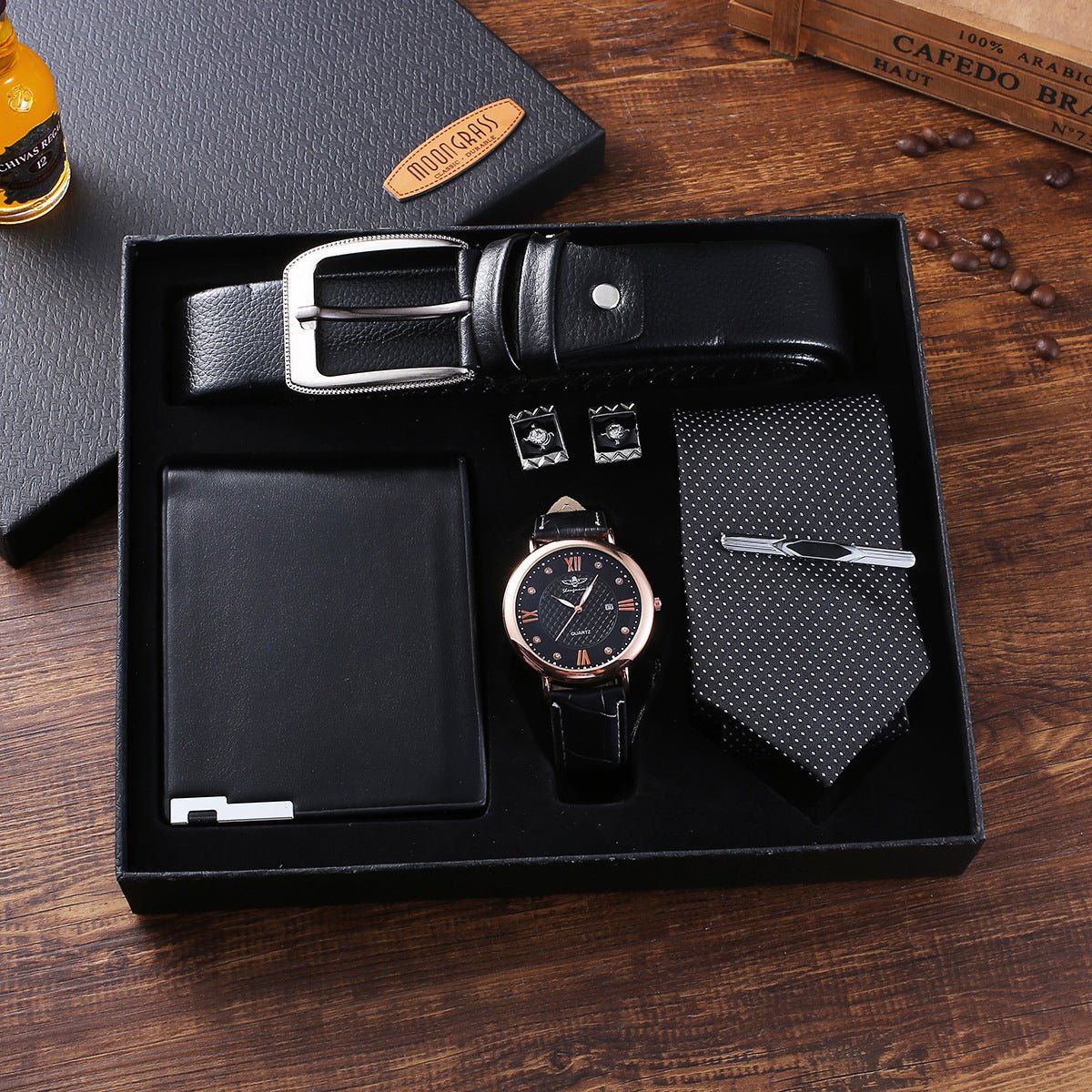 5pcs Set Boutique Gift Belt Wallet Tie Large Dial Quartz Watch Cufflinks - Overture Gifts