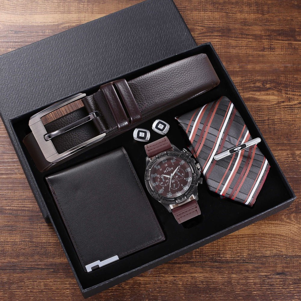 5pcs Set Boutique Gift Belt Wallet Tie Large Dial Quartz Watch Cufflinks - Overture Gifts