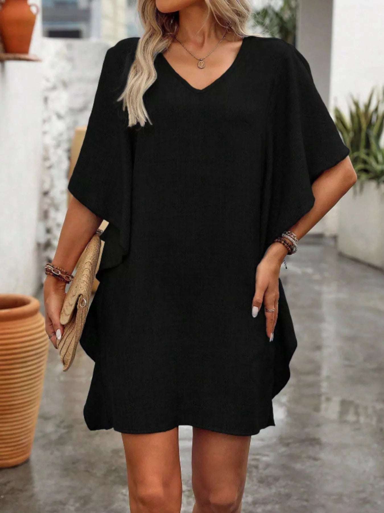 Flowy Sleeve V-Neck Casual Mini Dress