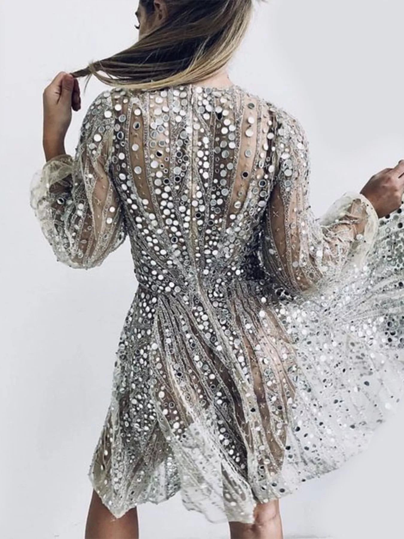 Sequin Deep V-Neck Mini Dress